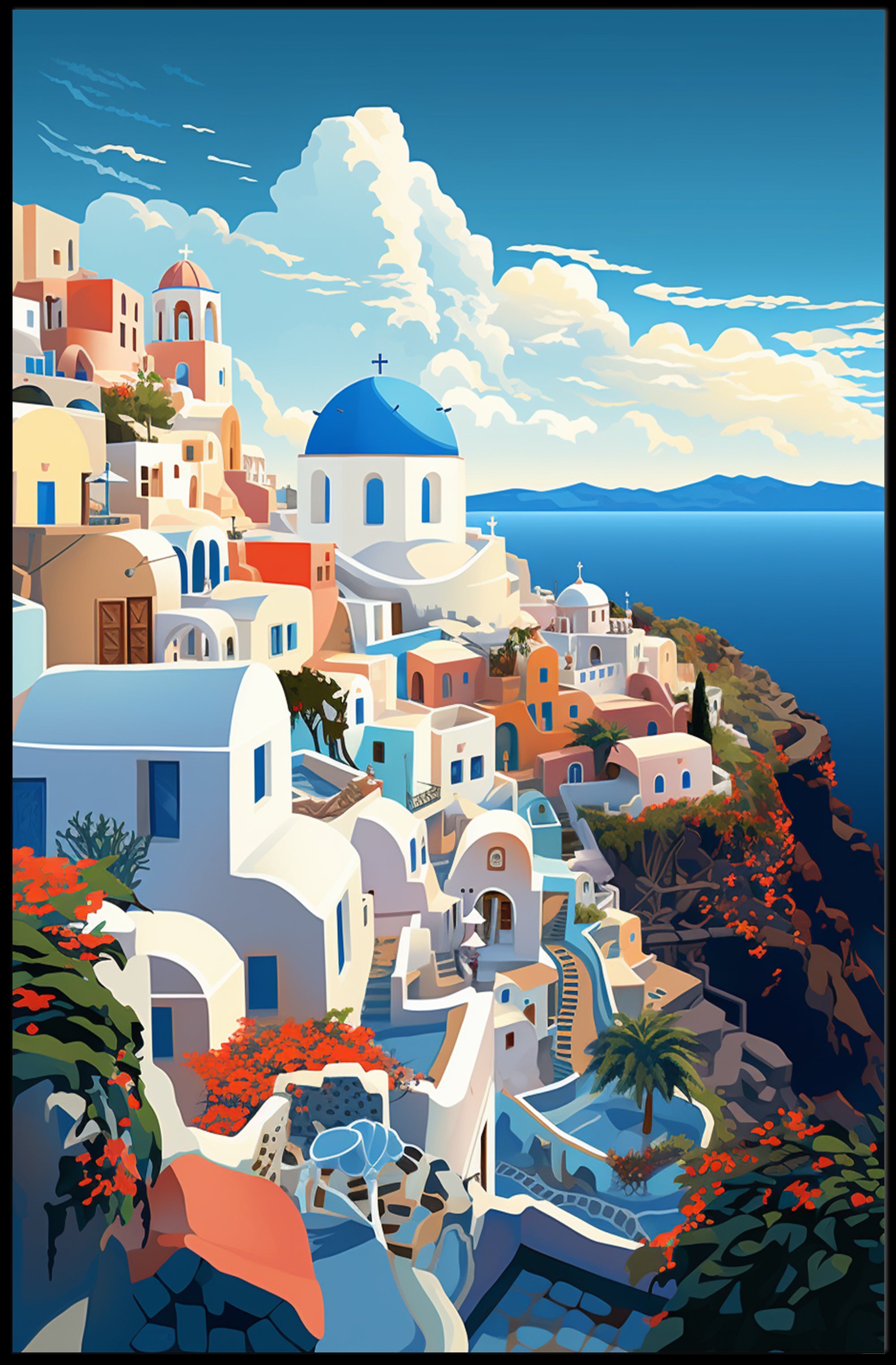 Idyllic Santorini Coastal Scene Art Print Travel Poster PosterGoat