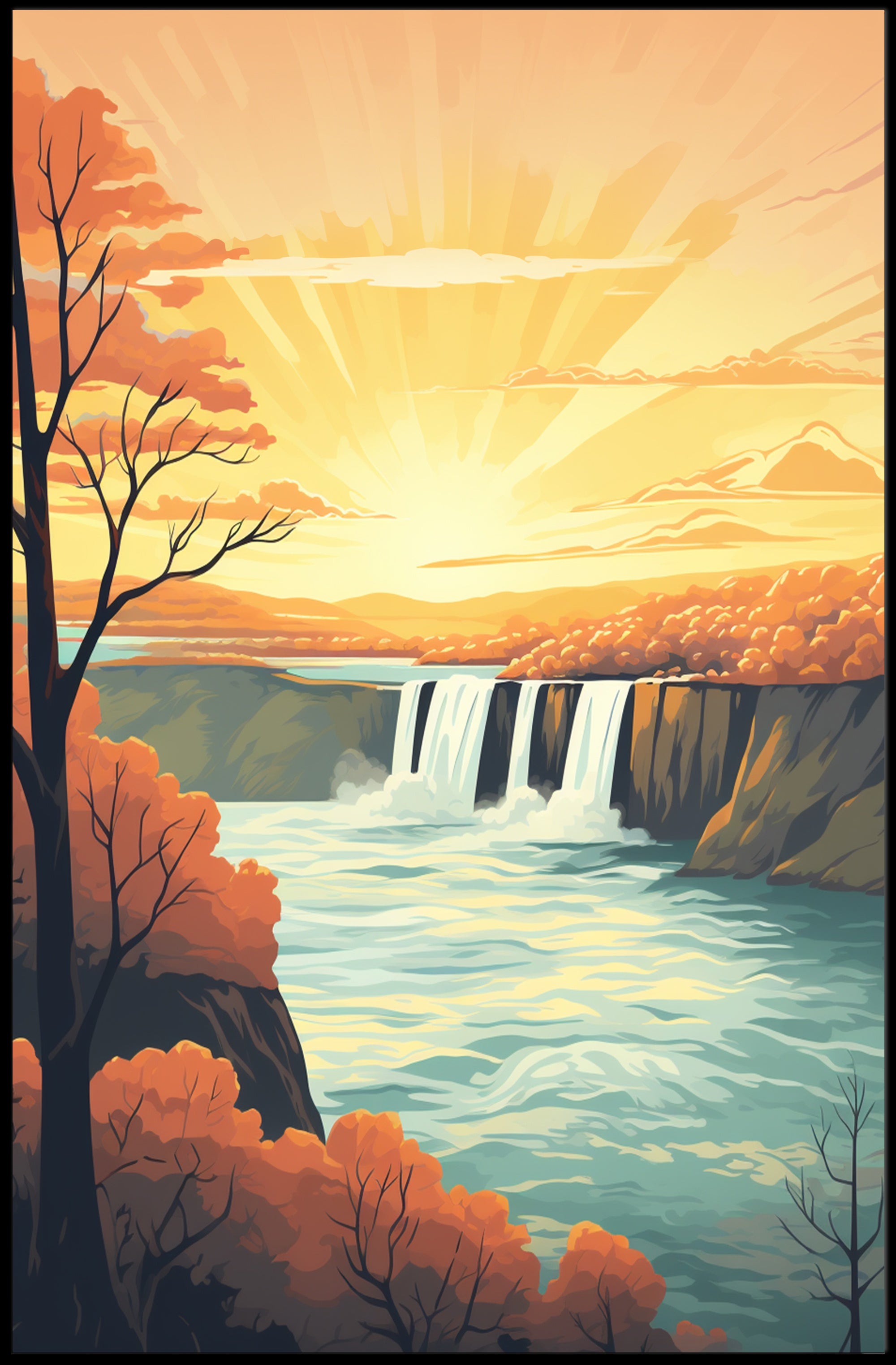 Idyllic Waterfall Sunrise Vintage Travel Poster PosterGoat