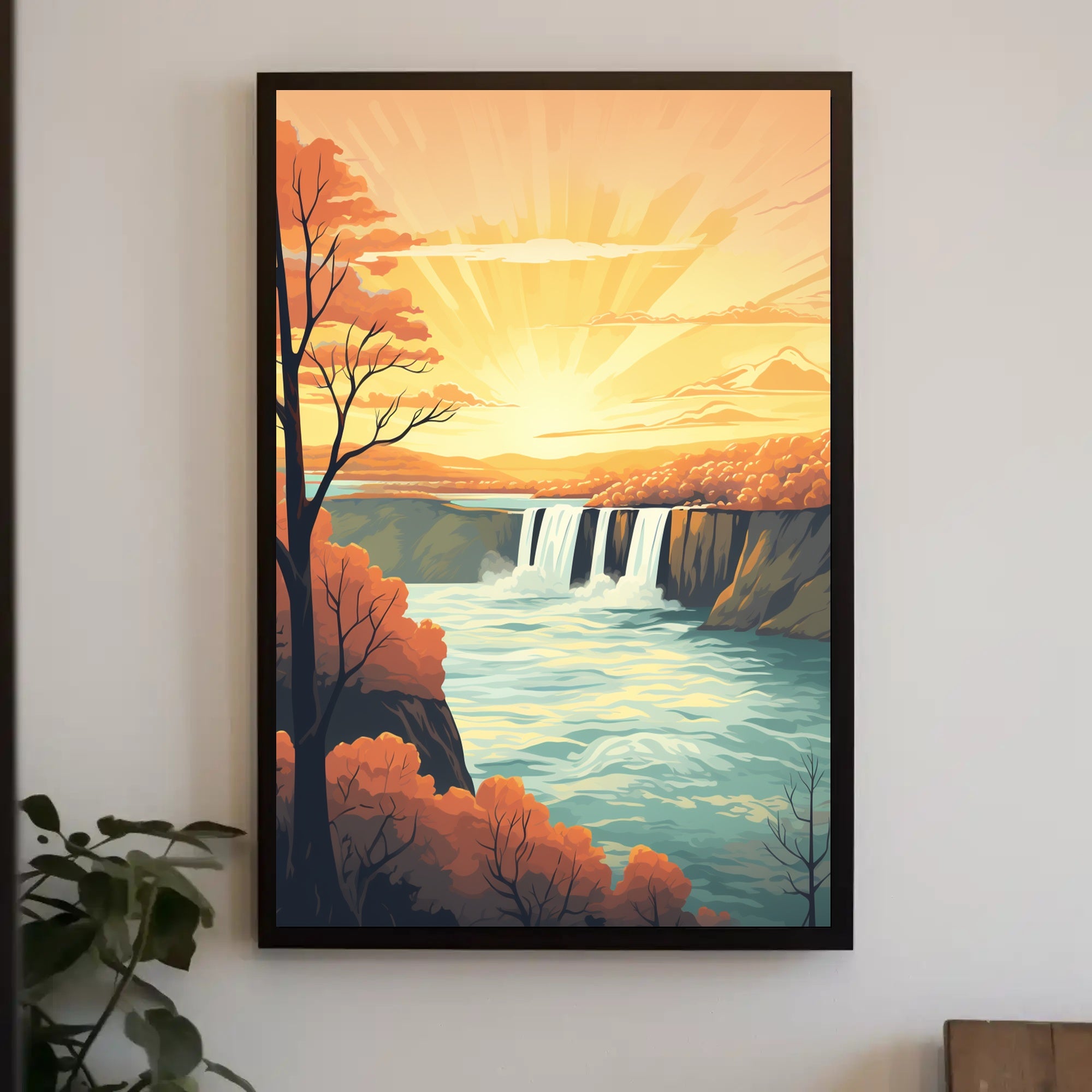 Idyllic Waterfall Sunrise Vintage Travel Poster PosterGoat