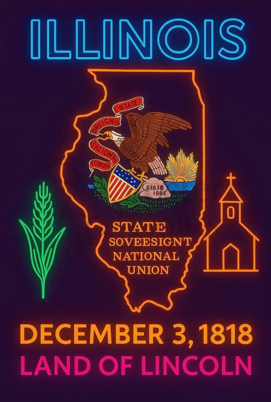 Illinois Neon Glow State Pride Cultural Heritage Poster PosterGoat