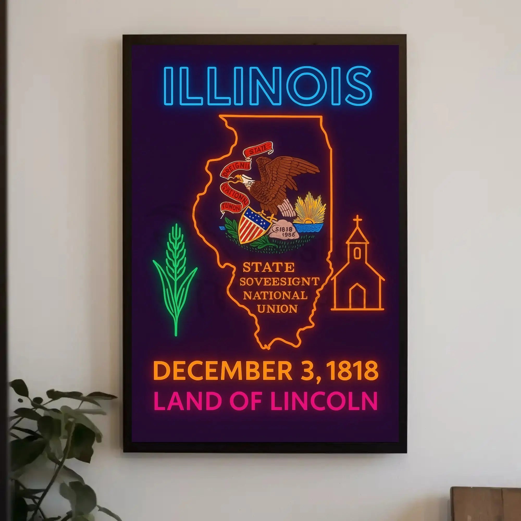 Illinois Neon Glow State Pride Cultural Heritage Poster PosterGoat