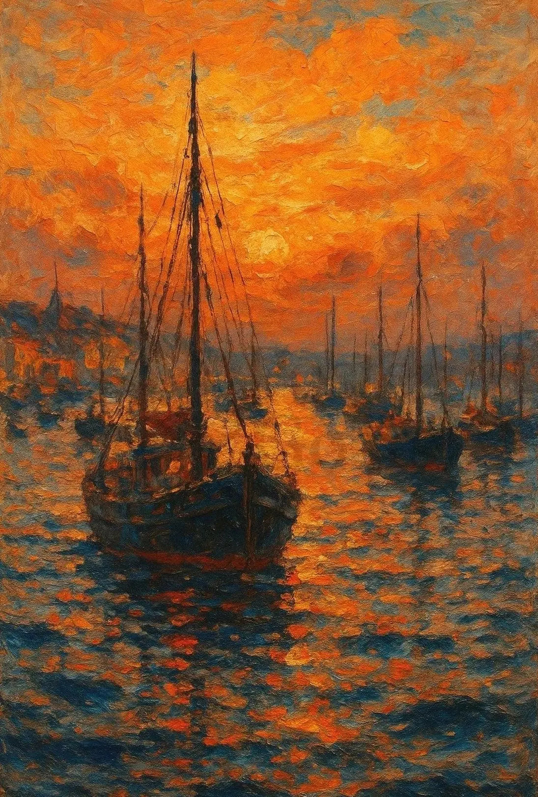 Impressionistic Harbor Sunset: Artistic Coastal Seaside Poster PosterGoat