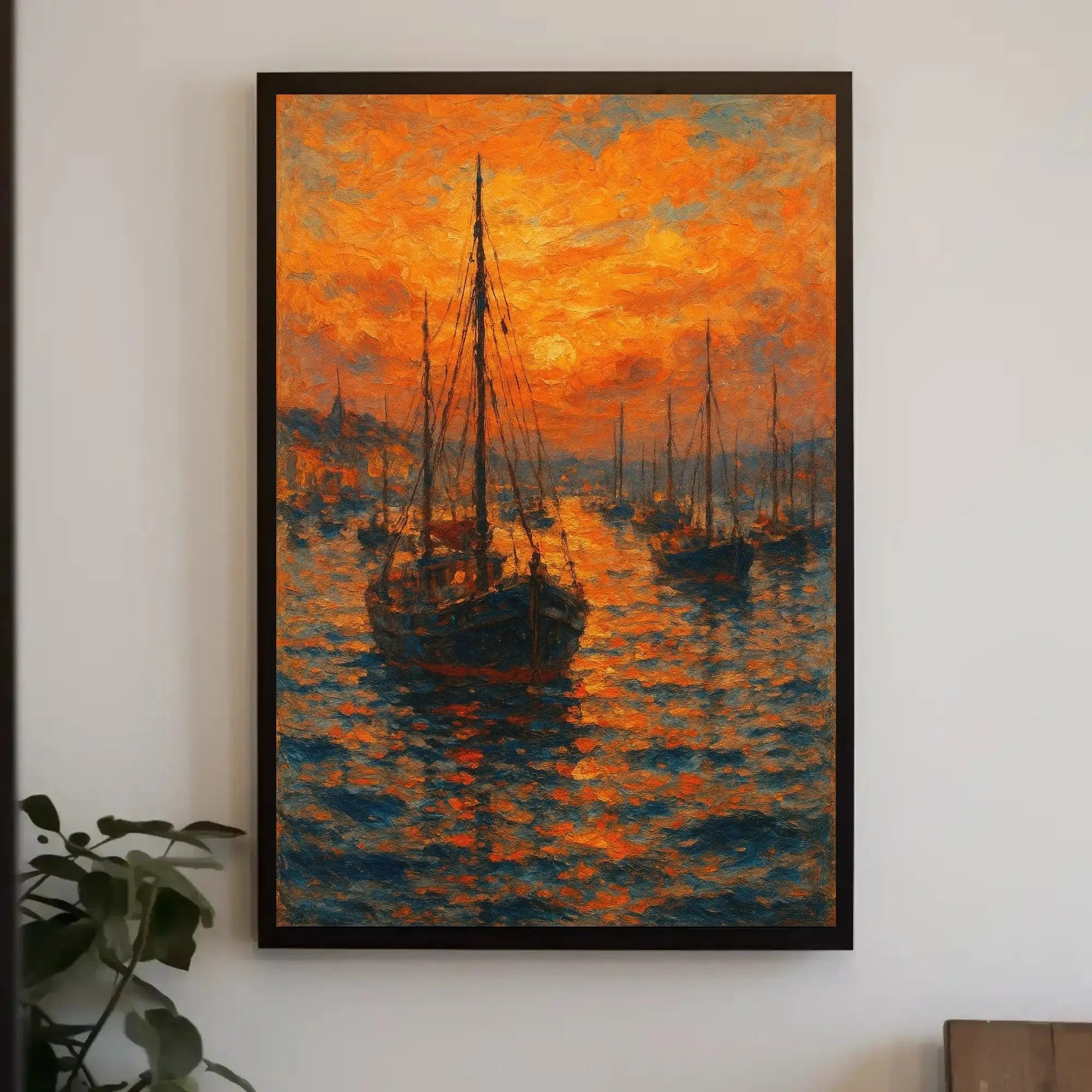 Impressionistic Harbor Sunset: Artistic Coastal Seaside Poster PosterGoat