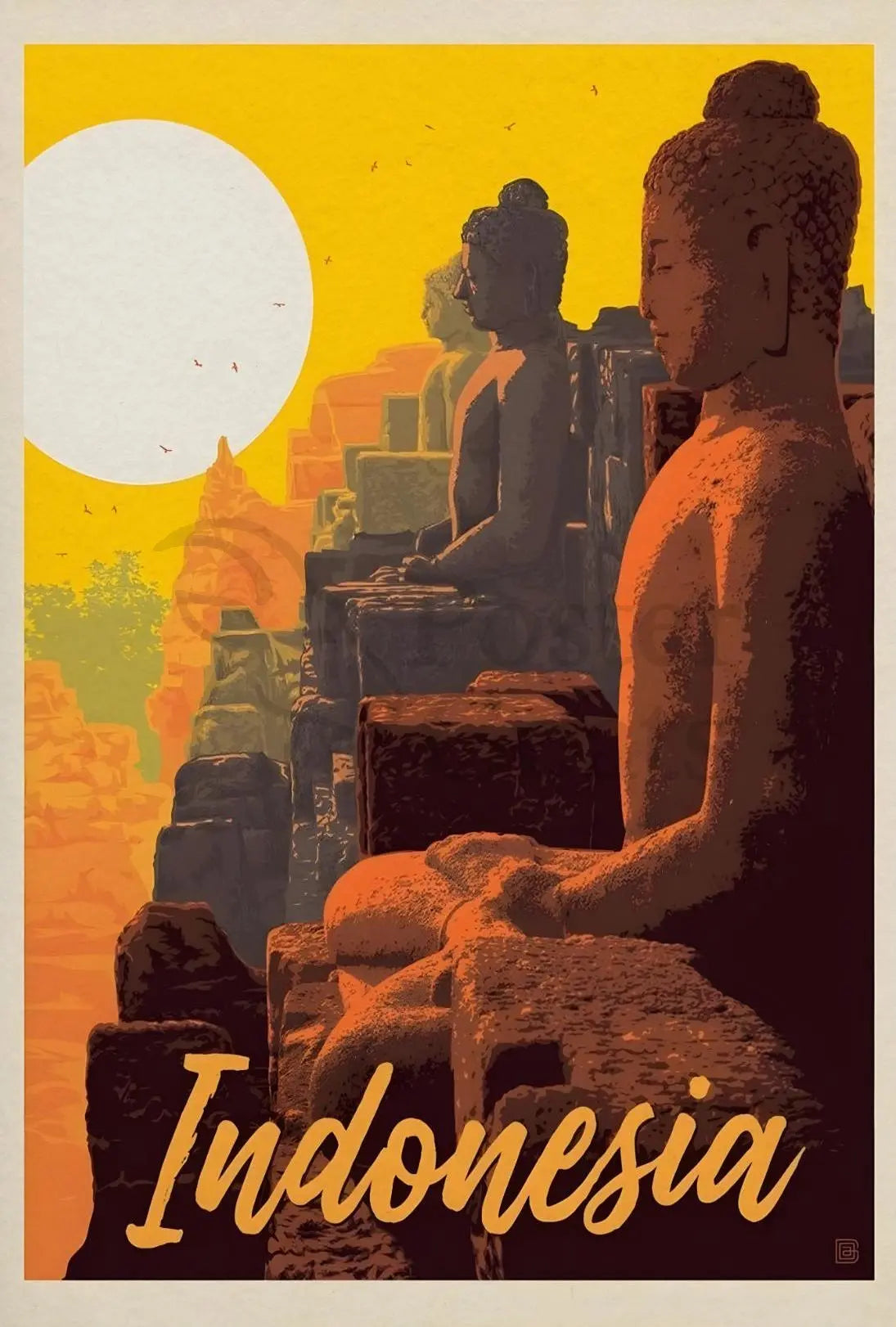Indonesia Buddha Statues at Borobudur Vintage Travel Poster PosterGoat