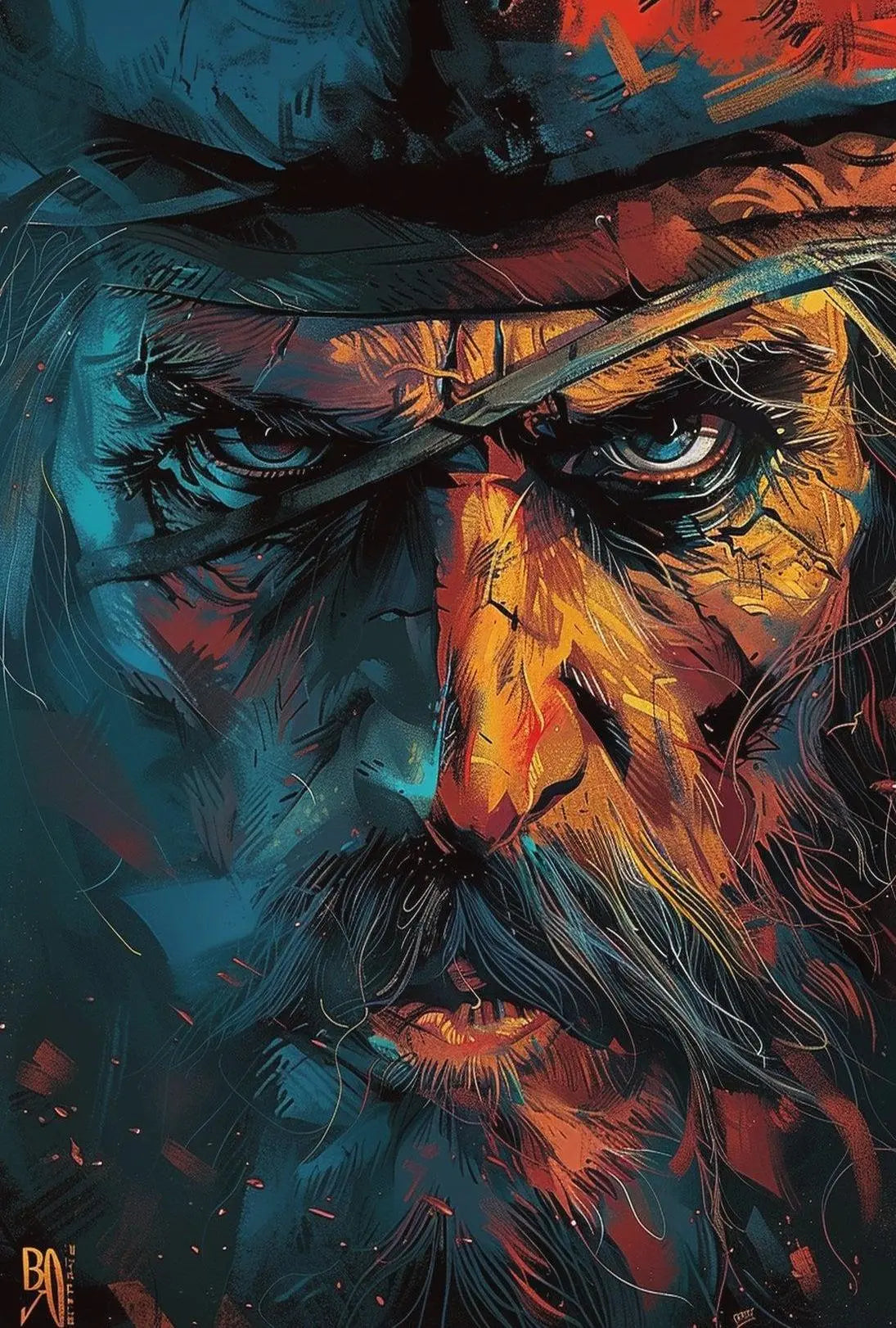 Intense Cowboy Portrait: Artistic Pop Culture Poster PosterGoat