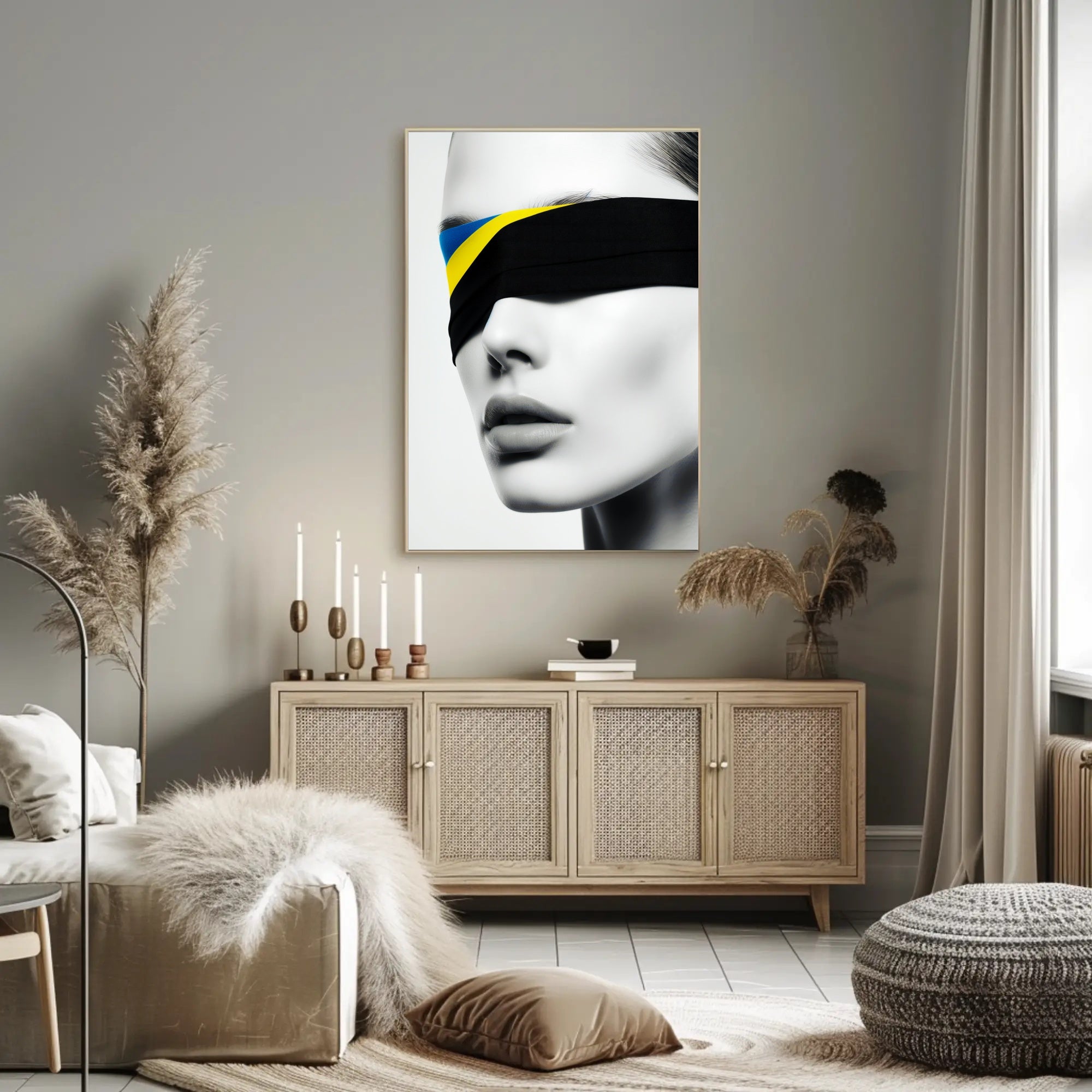 Introspective Grayscale Beauty with Ukrainian Flag Political Poster PosterGoat