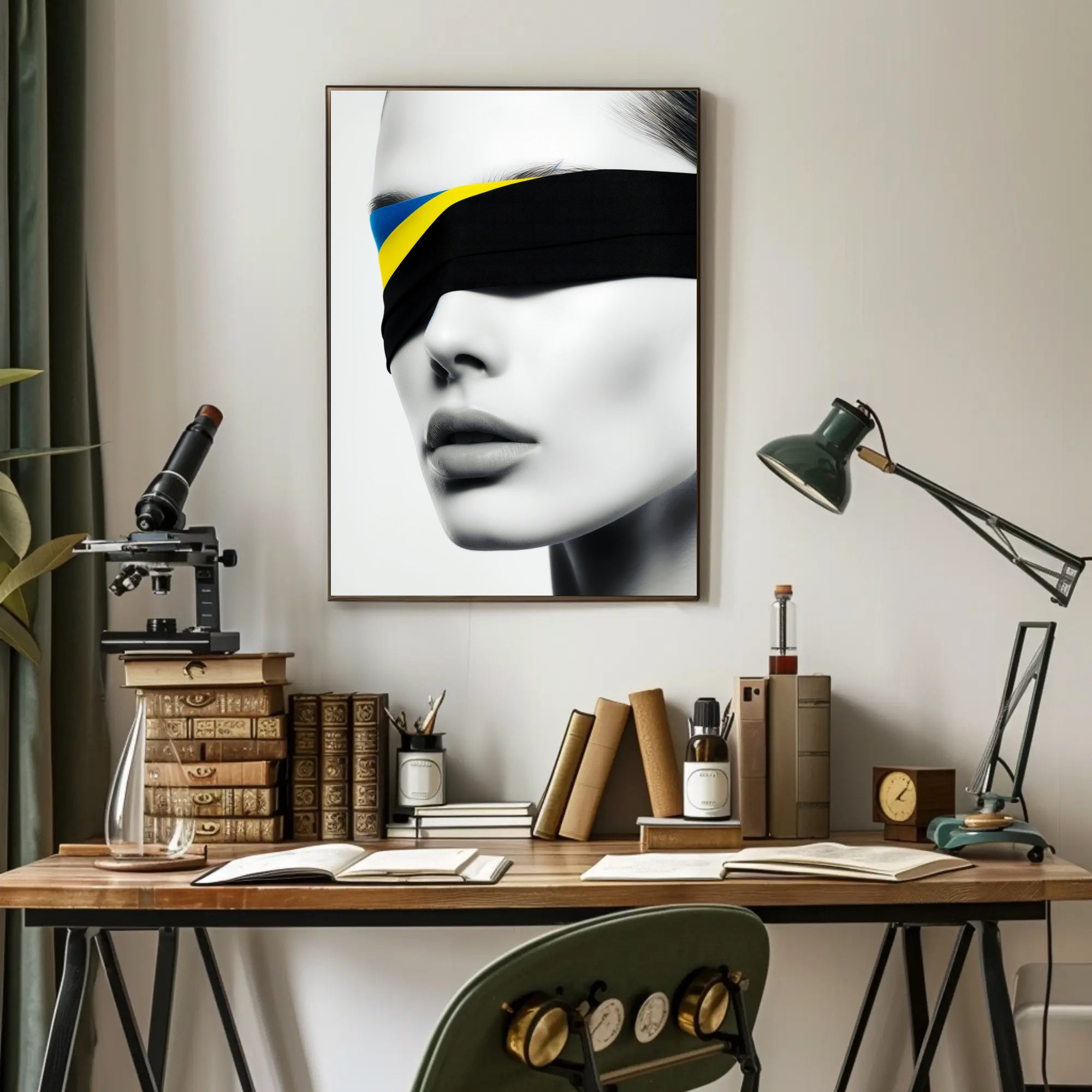 Introspective Grayscale Beauty with Ukrainian Flag Political Poster PosterGoat
