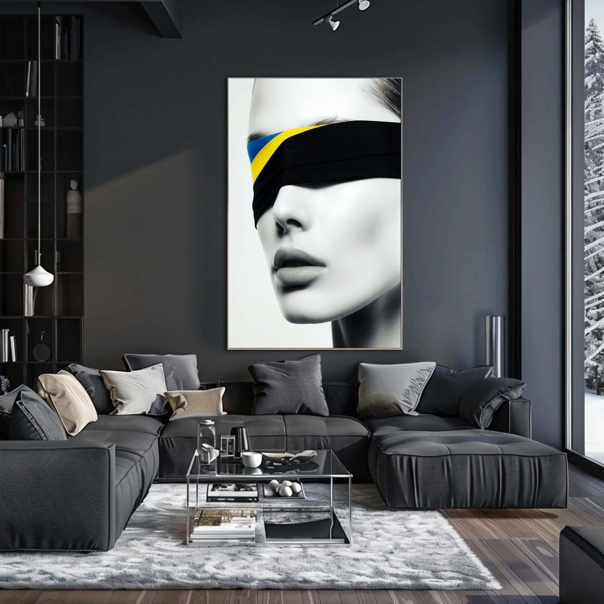 Introspective Grayscale Beauty with Ukrainian Flag Political Poster PosterGoat