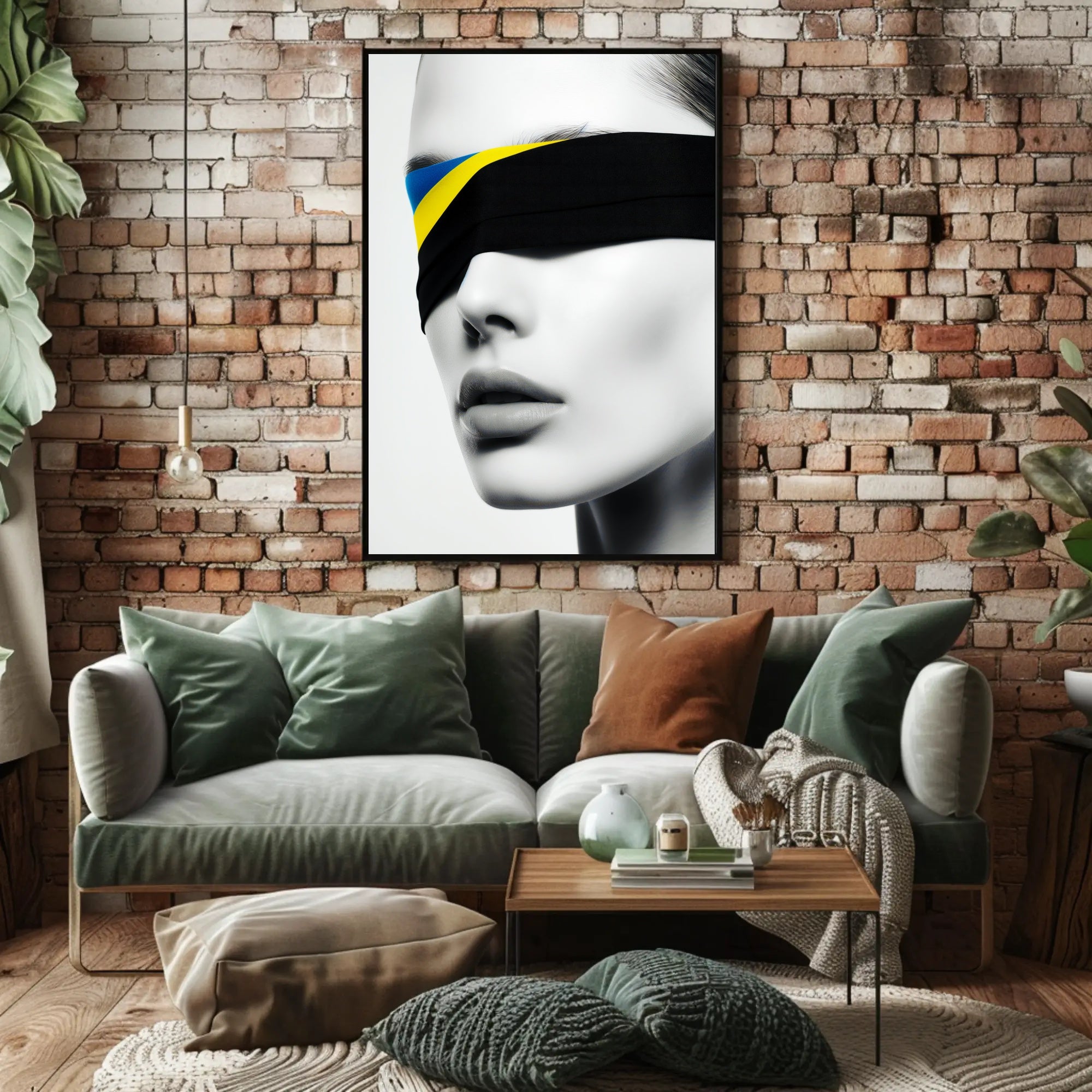 Introspective Grayscale Beauty with Ukrainian Flag Political Poster PosterGoat