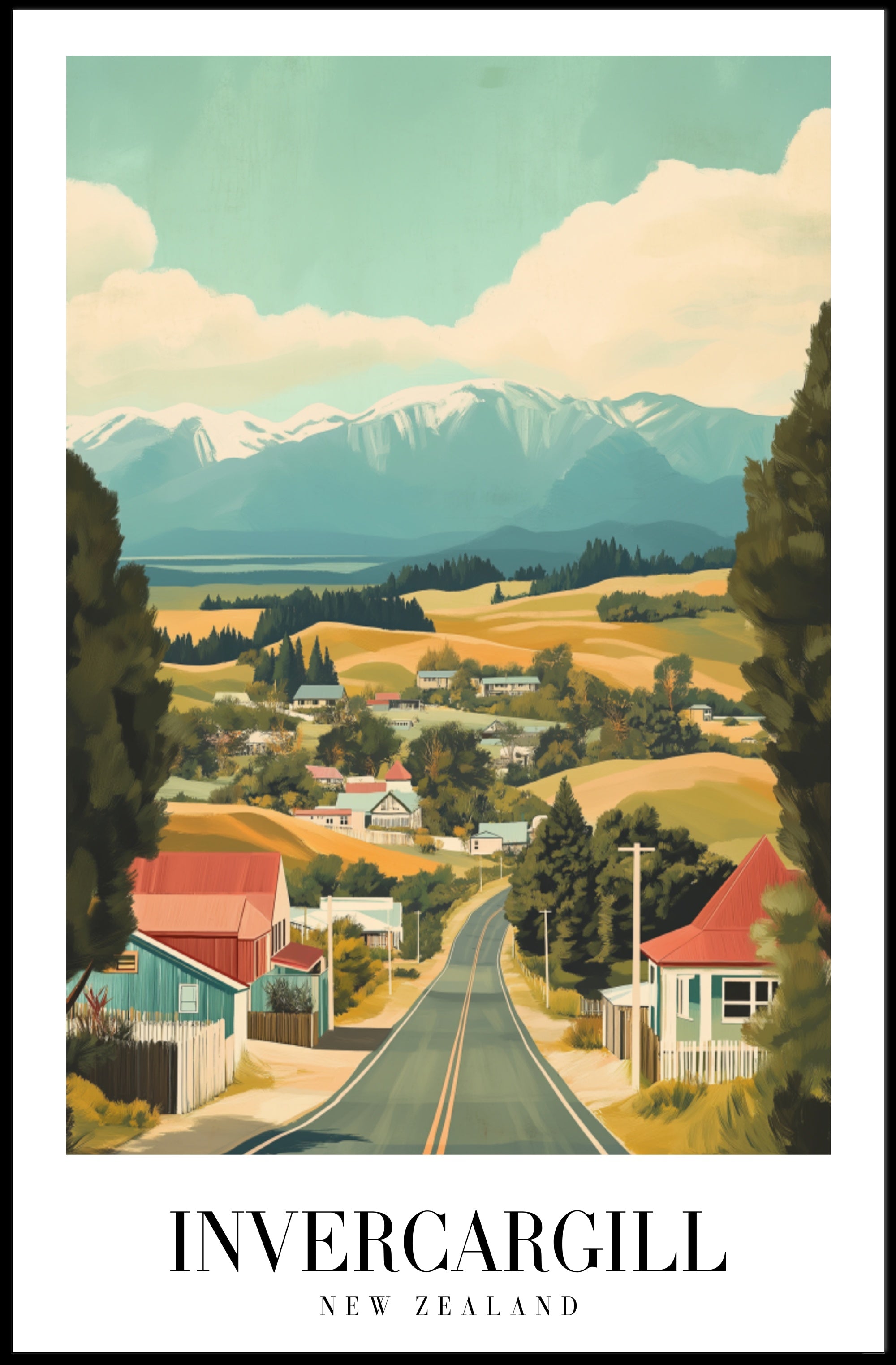 Invercargill Vintage Travel Art: Nostalgic Rural Landscape Travel Poster PosterGoat