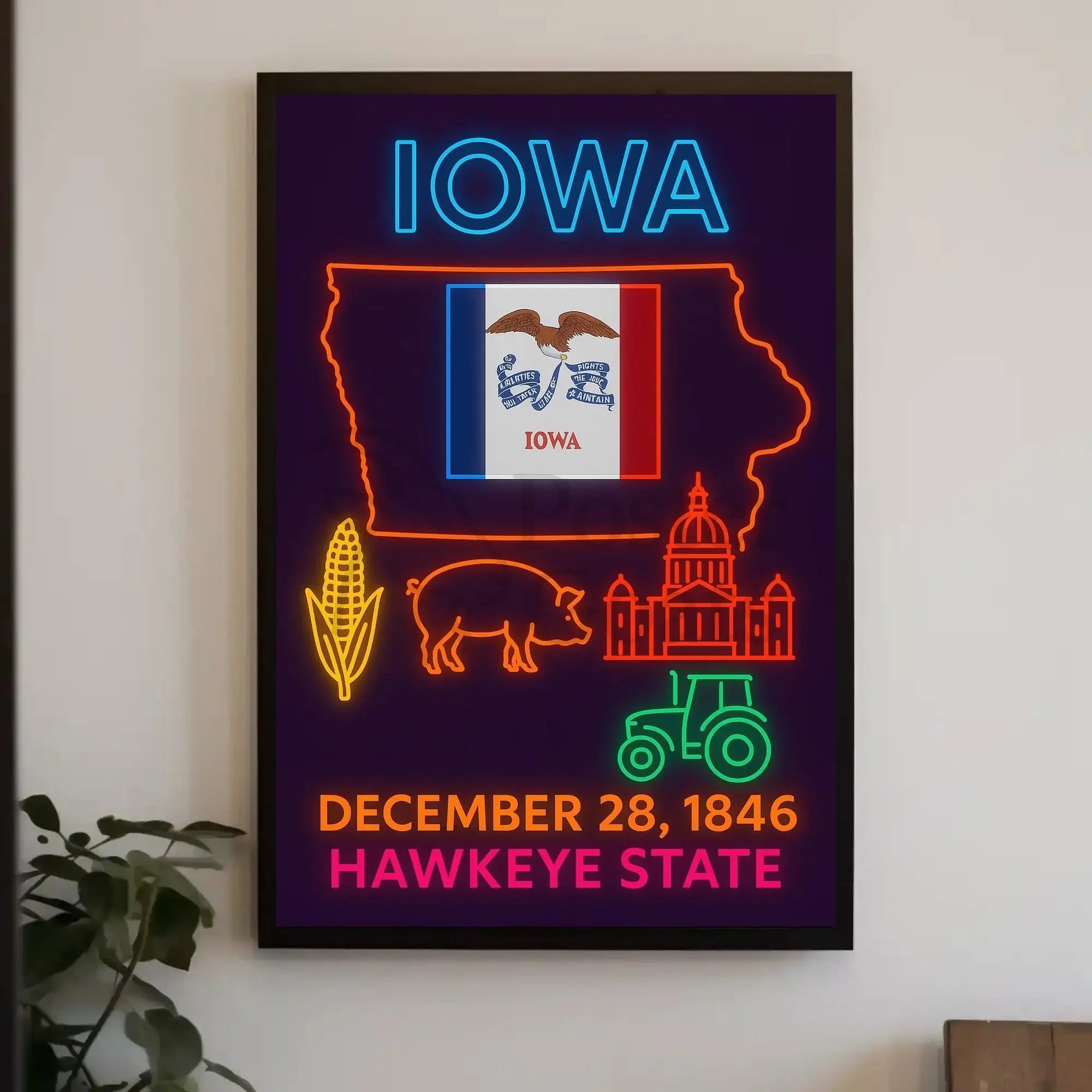 Iowa Statehood Neon Art Cultural Heritage Poster PosterGoat