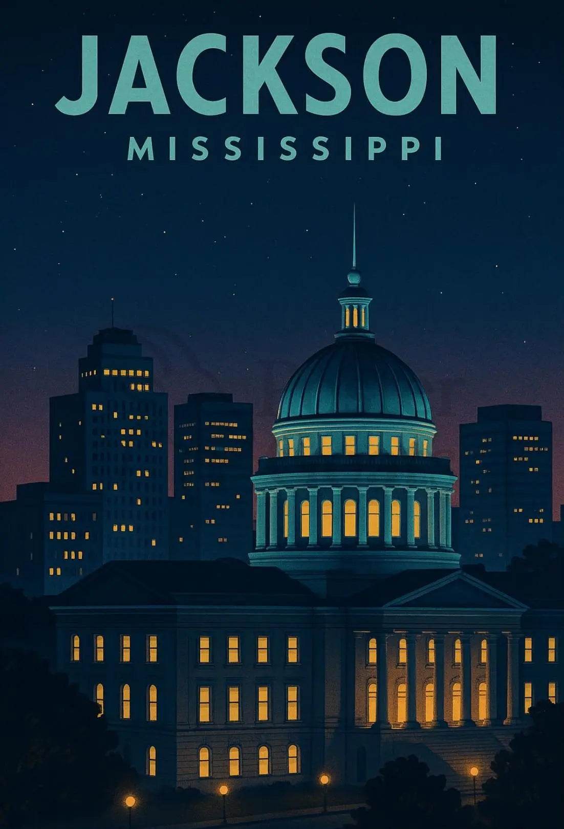 Jackson Mississippi Capitol Nightscape Cultural or Heritage Poster PosterGoat