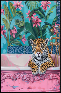 Jaguar in Bathtub Surrealism Art Animal Poster PosterGoat