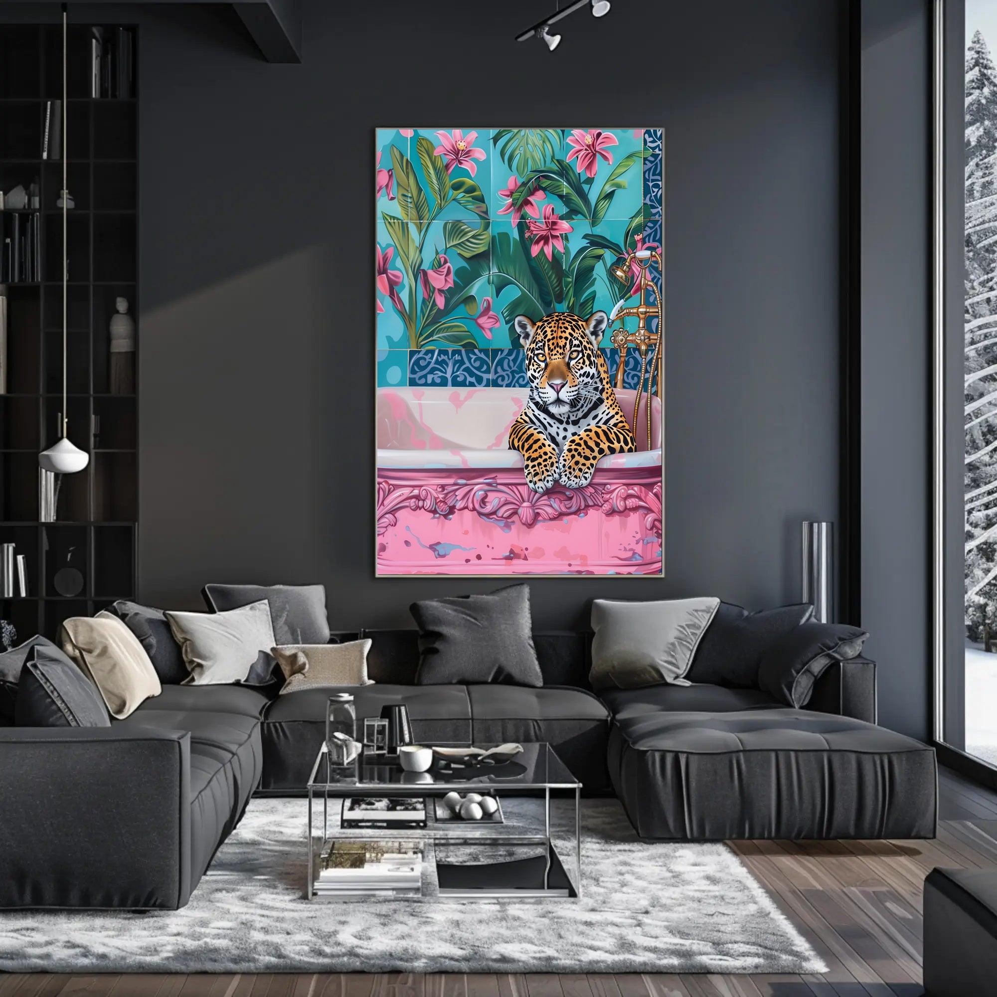 Jaguar in Bathtub Surrealism Art Animal Poster PosterGoat