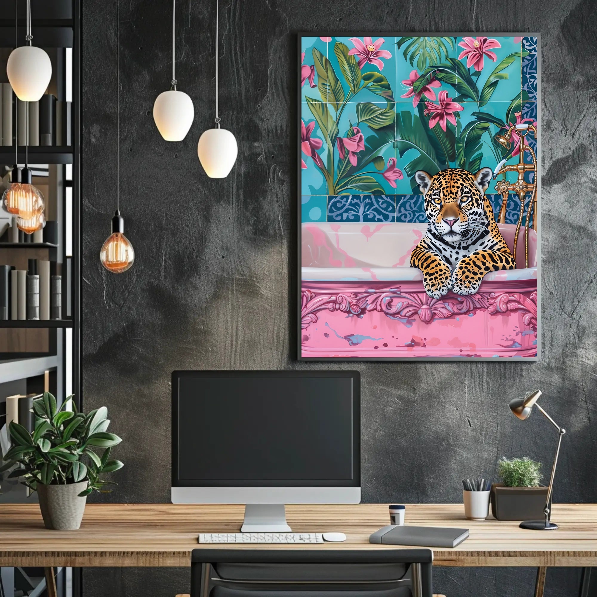 Jaguar in Bathtub Surrealism Art Animal Poster PosterGoat