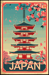 Japan Cherry Blossoms Vintage Pagoda Cultural or Heritage Poster PosterGoat