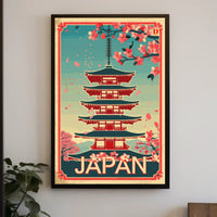 Japan Cherry Blossoms Vintage Pagoda Cultural or Heritage Poster PosterGoat