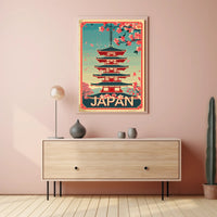 Japan Cherry Blossoms Vintage Pagoda Cultural or Heritage Poster PosterGoat