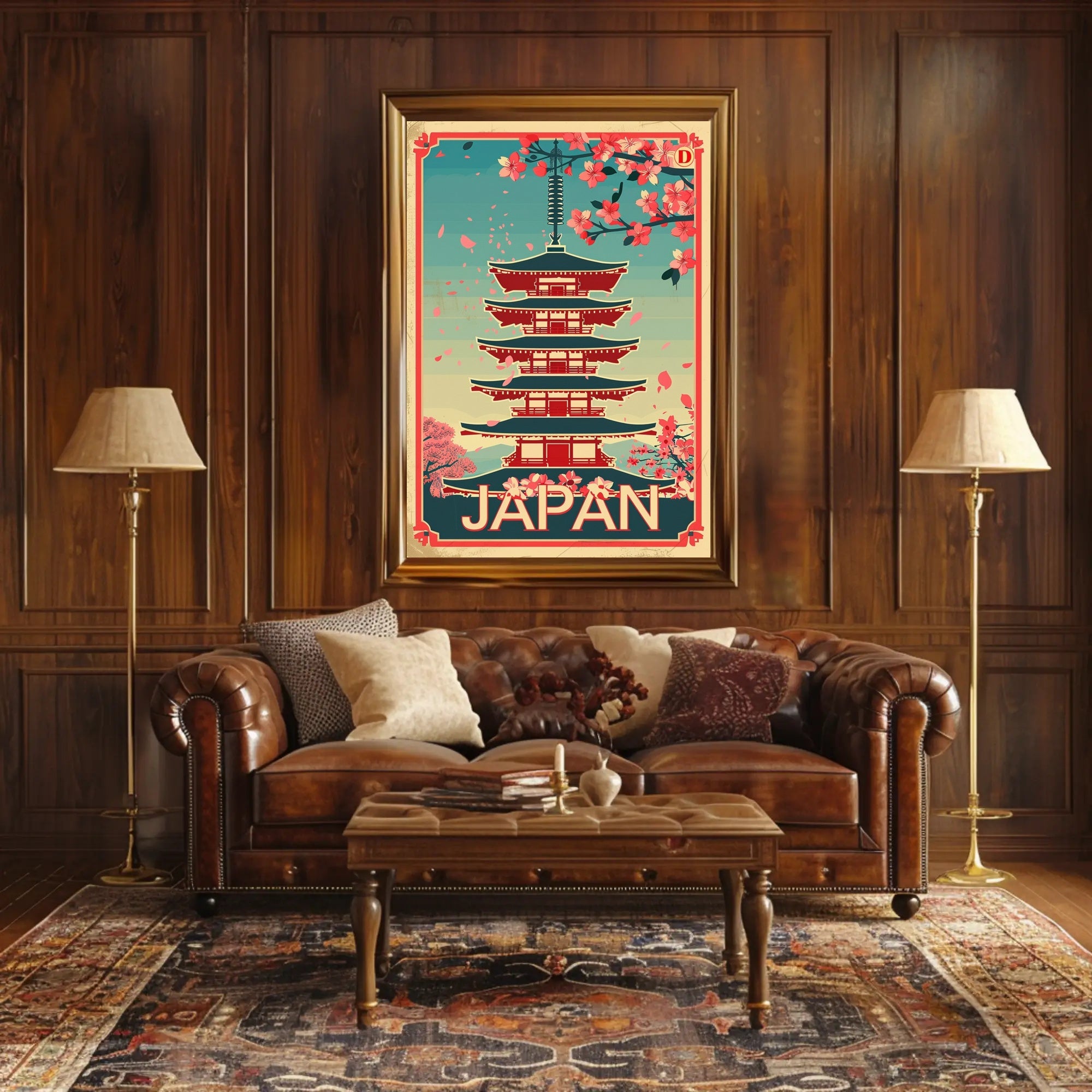 Japan Cherry Blossoms Vintage Pagoda Cultural or Heritage Poster PosterGoat
