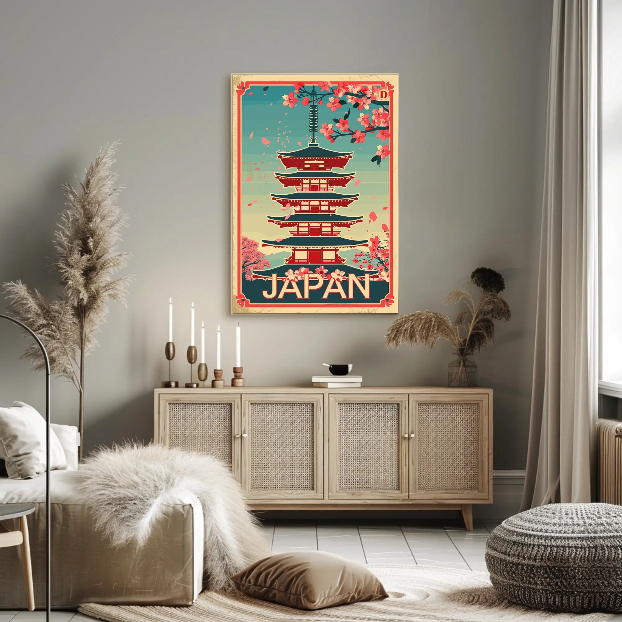Japan Cherry Blossoms Vintage Pagoda Cultural or Heritage Poster PosterGoat