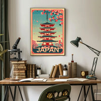 Japan Cherry Blossoms Vintage Pagoda Cultural or Heritage Poster PosterGoat