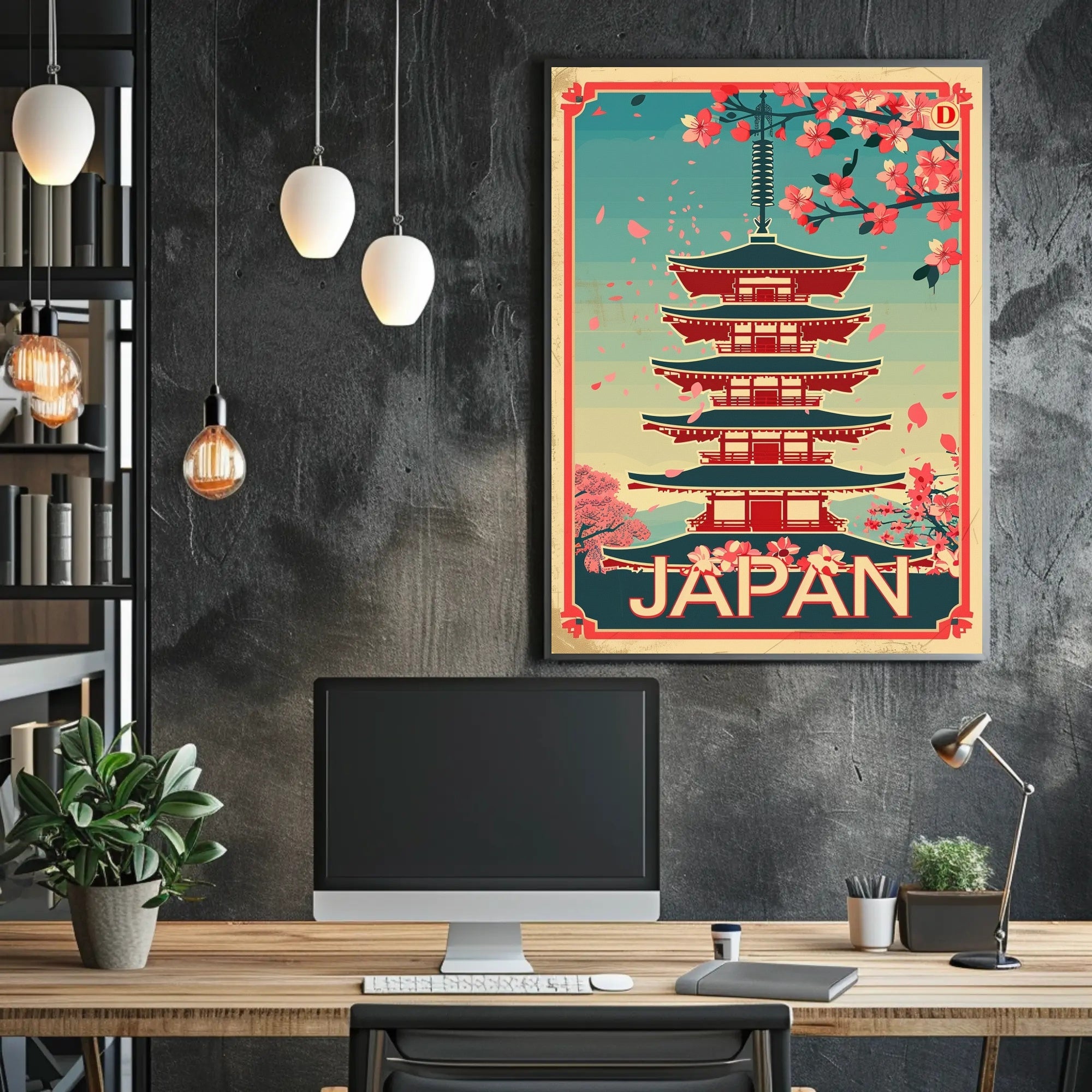 Japan Cherry Blossoms Vintage Pagoda Cultural or Heritage Poster PosterGoat