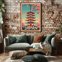 Japan Cherry Blossoms Vintage Pagoda Cultural or Heritage Poster PosterGoat