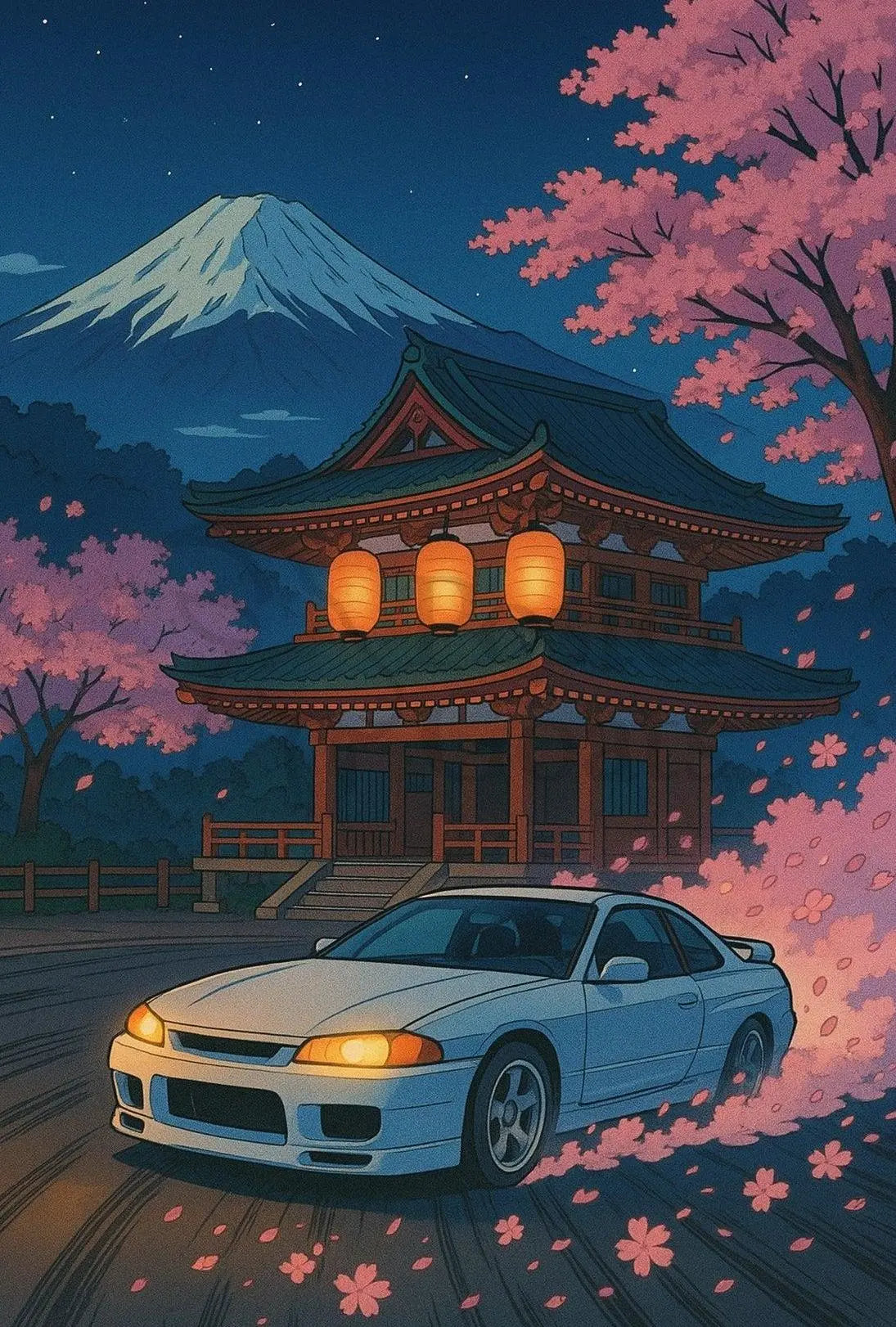 Japan Scene with Sports Car: Cultural or Heritage Poster PosterGoat
