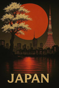 Japan Skyline with Cherry Blossoms Travel Poster PosterGoat