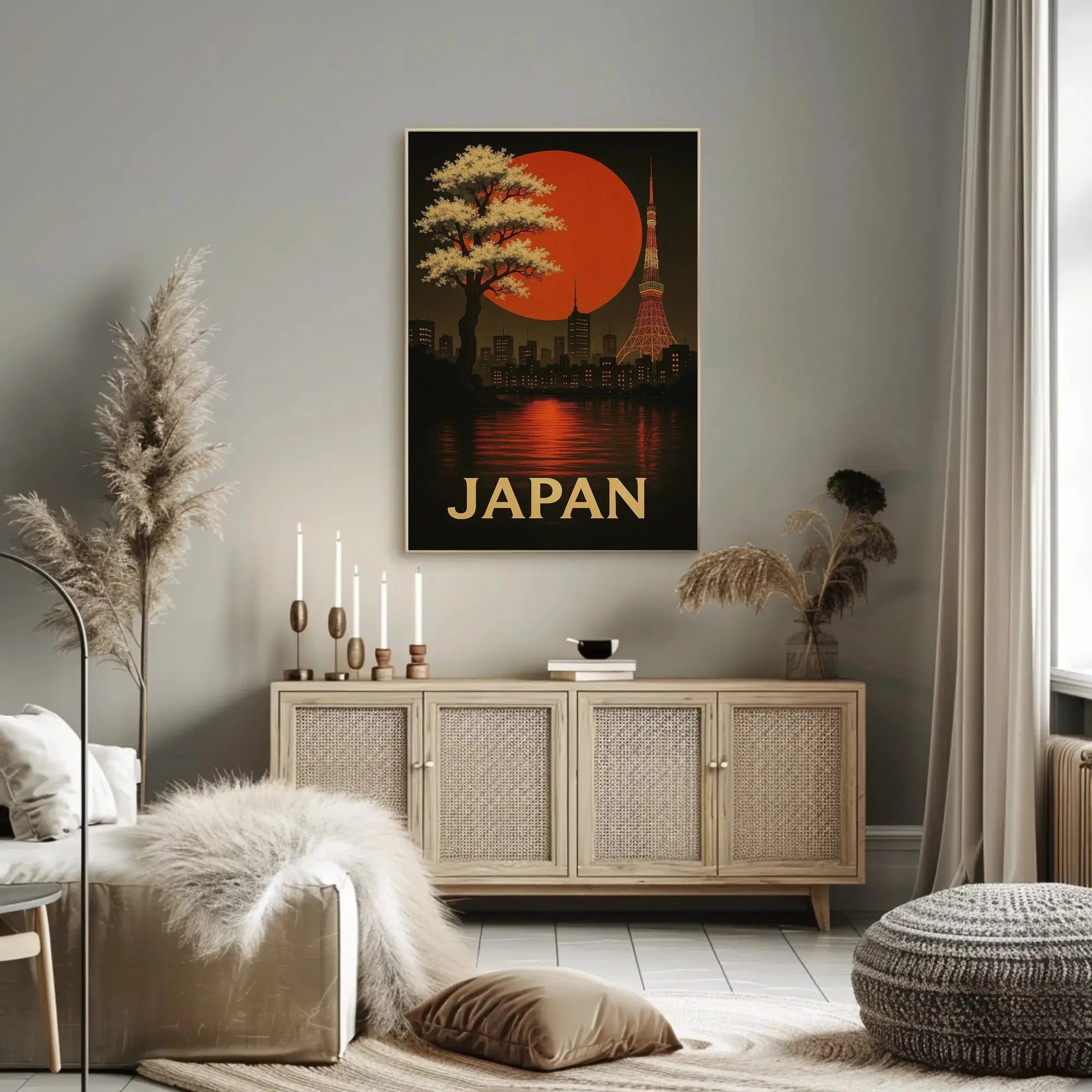 Japan Skyline with Cherry Blossoms Travel Poster PosterGoat