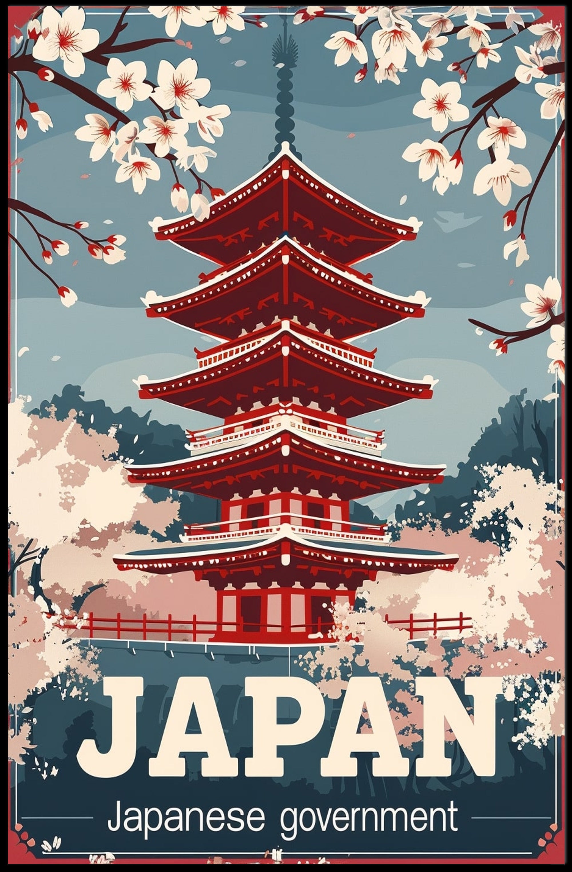 Japanese Pagoda Cherry Blossom Vintage Cultural or Heritage Poster PosterGoat