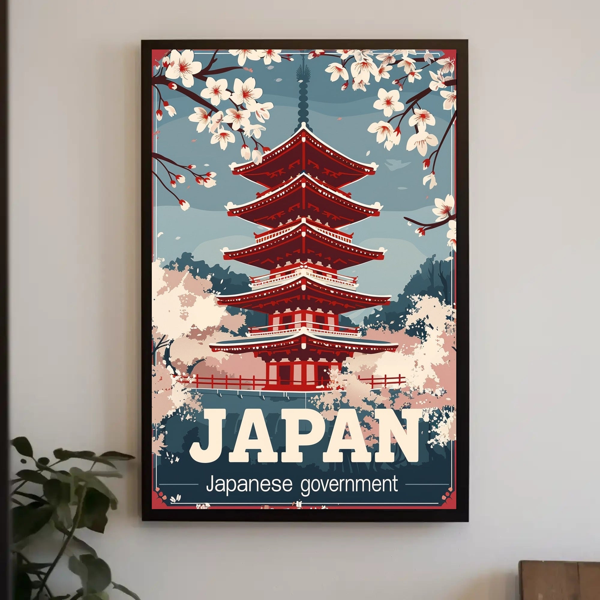 Japanese Pagoda Cherry Blossom Vintage Cultural or Heritage Poster PosterGoat