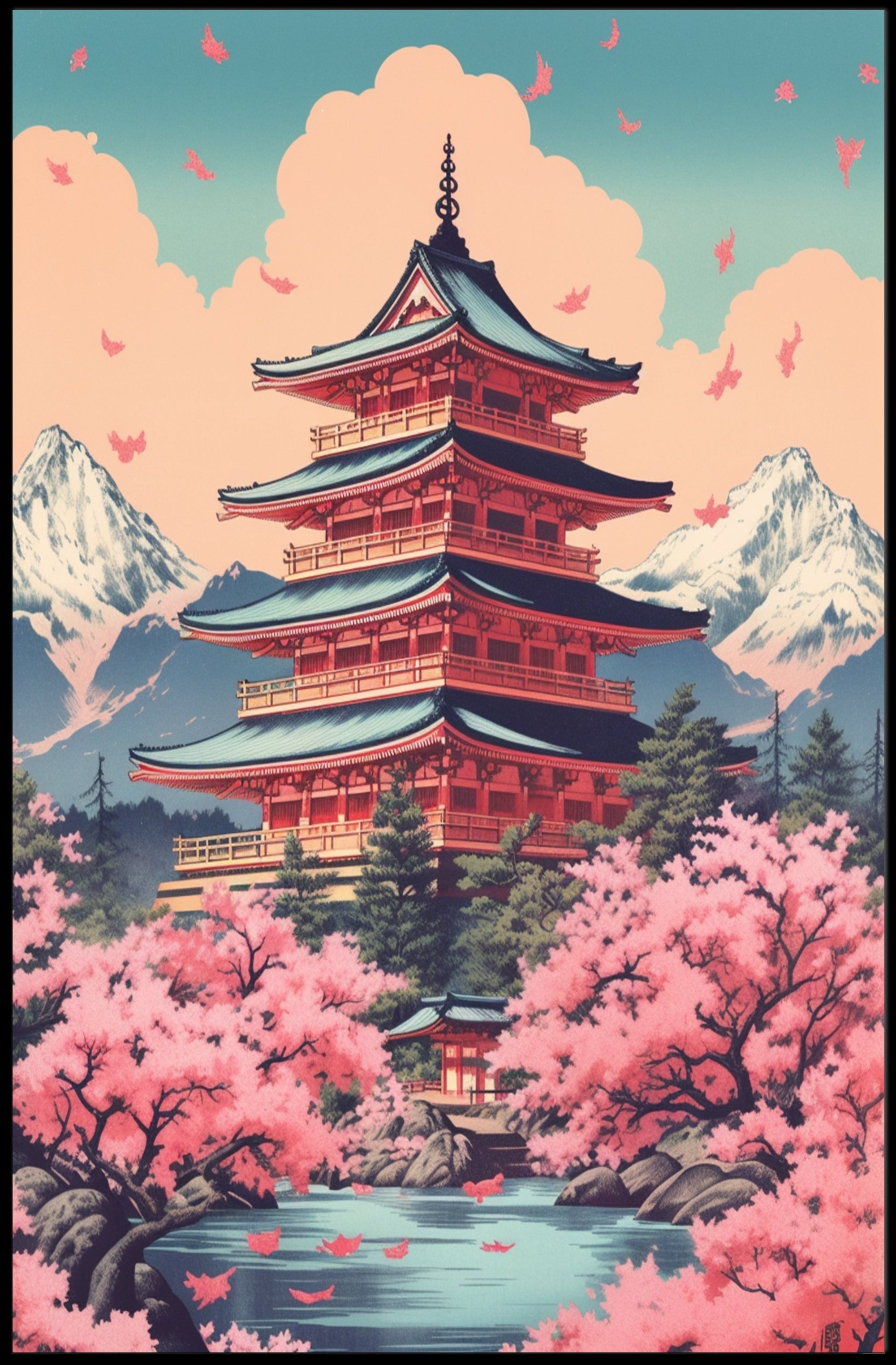 Japanese Pagoda Cherry Blossoms Heritage Poster PosterGoat