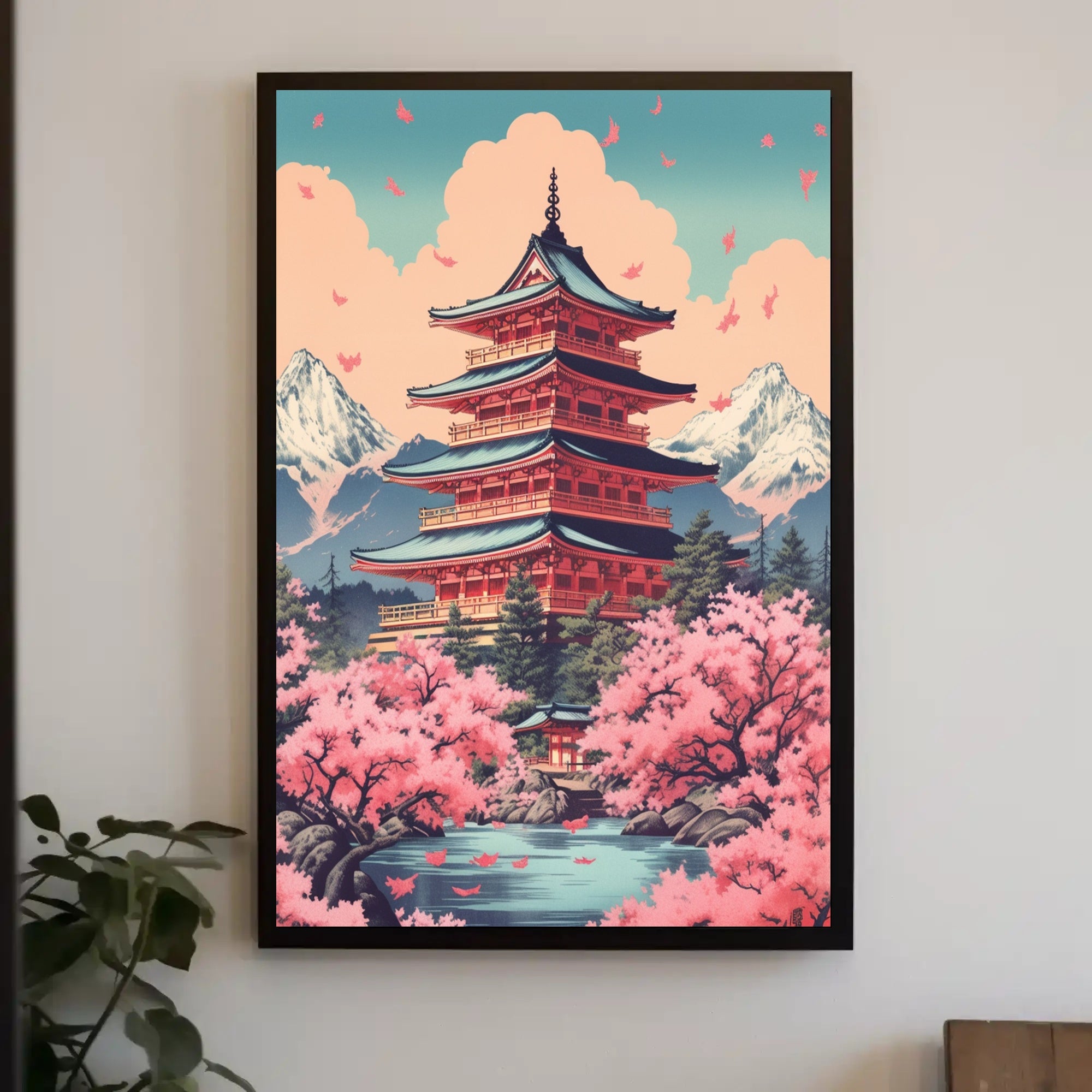 Japanese Pagoda Cherry Blossoms Heritage Poster PosterGoat