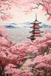 Japanese Pagoda and Cherry Blossoms Cultural Heritage Poster PosterGoat