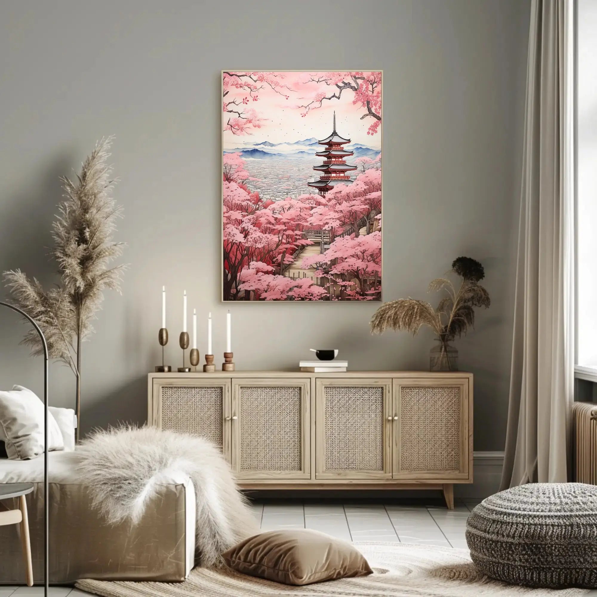 Japanese Pagoda and Cherry Blossoms Cultural Heritage Poster PosterGoat