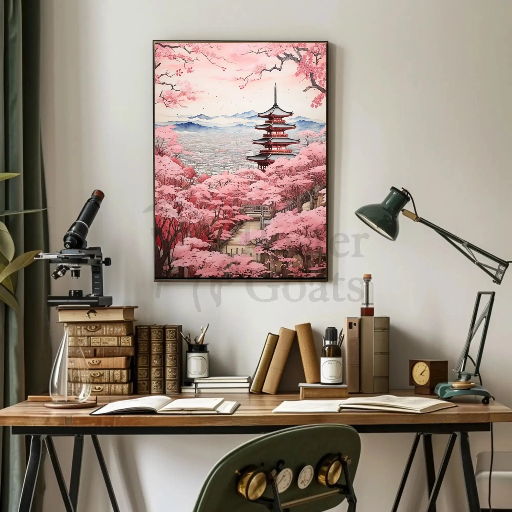 Japanese Pagoda and Cherry Blossoms Cultural Heritage Poster PosterGoat
