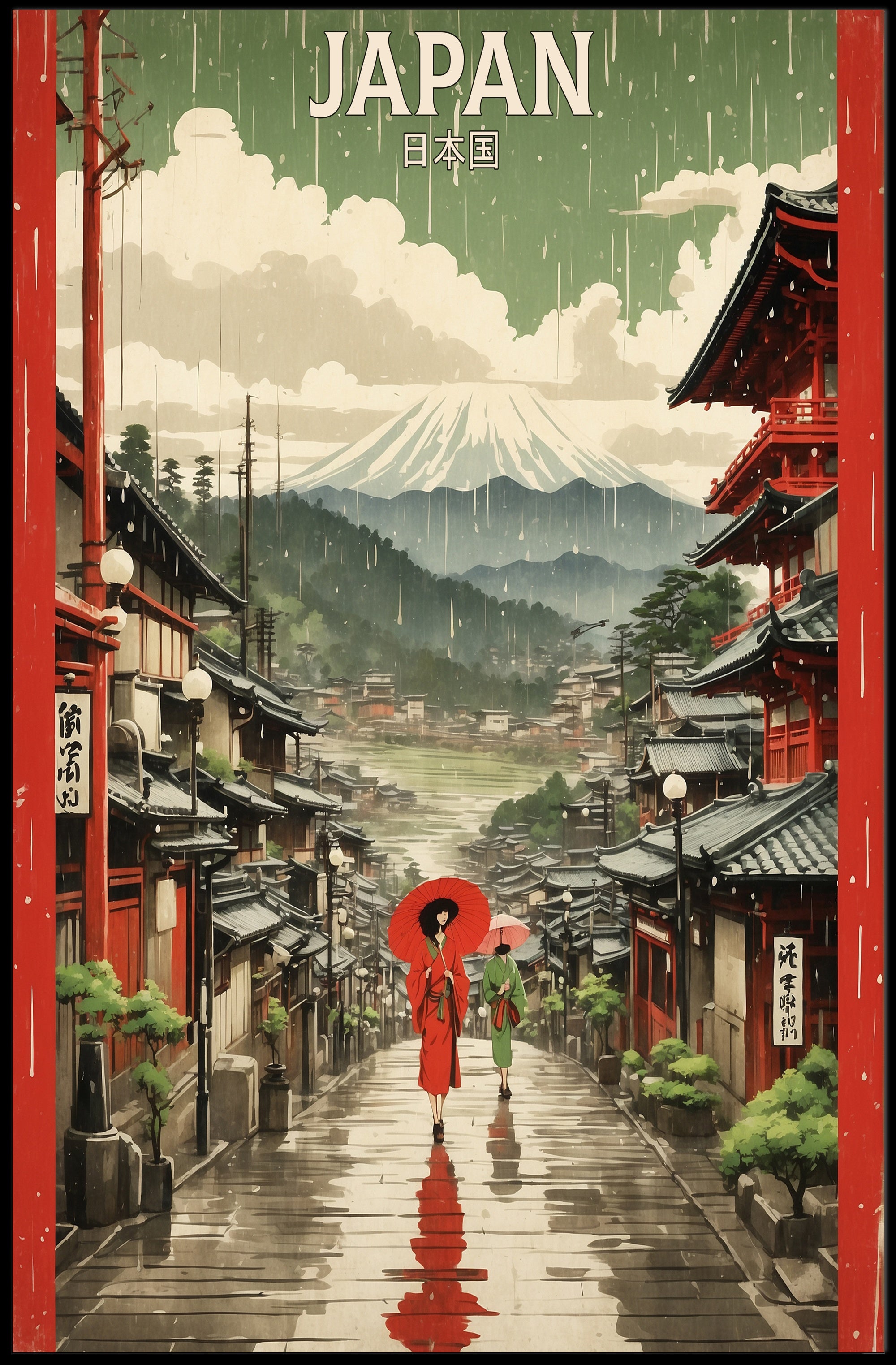 Japanese Street Scene with Mount Fuji Cultural or Heritage Poster PosterGoat