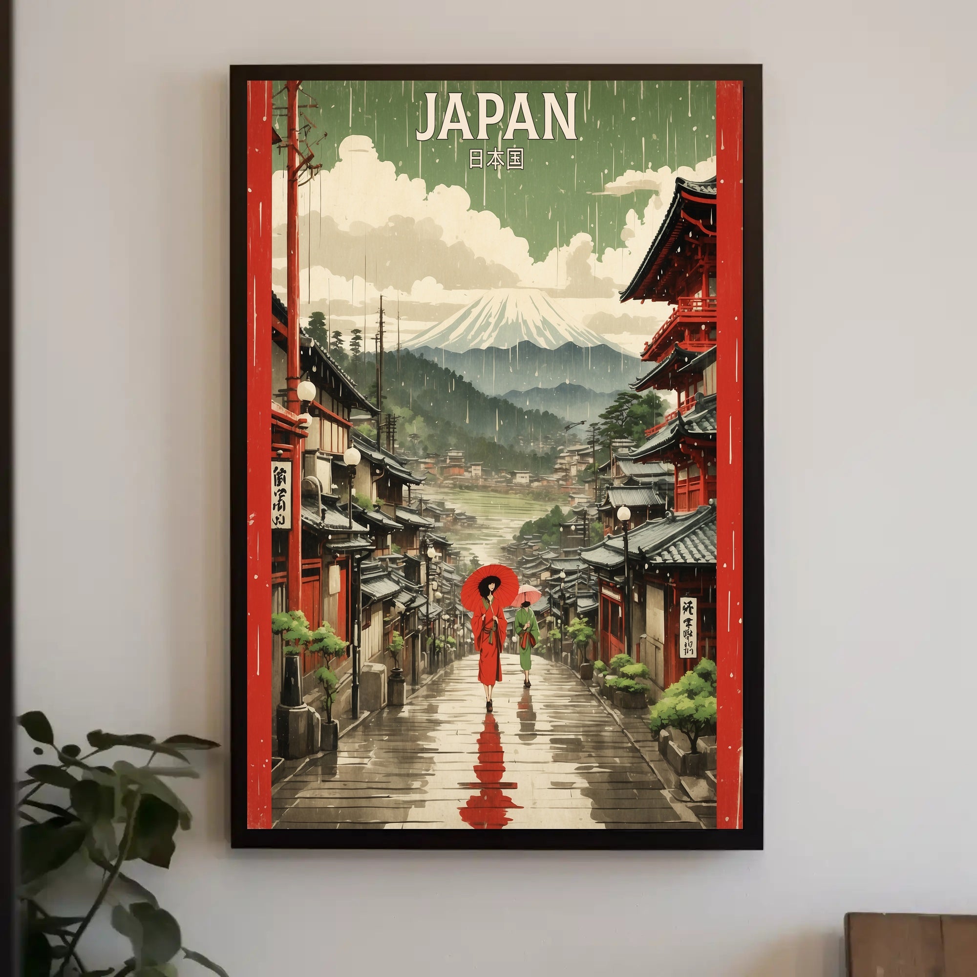 Japanese Street Scene with Mount Fuji Cultural or Heritage Poster PosterGoat