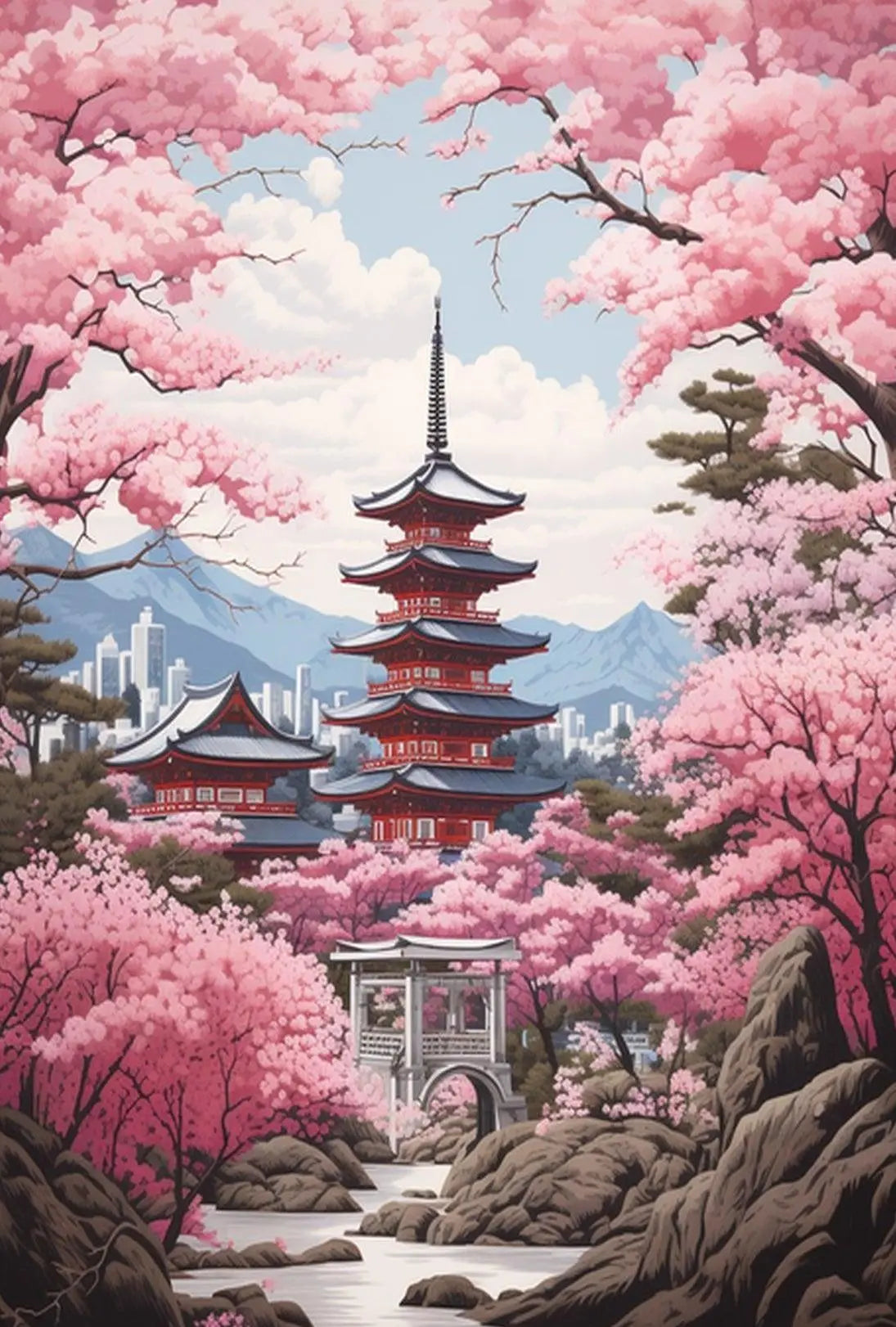 Japanese Tranquility Cherry Blossom Garden Cultural or Heritage Poster PosterGoat