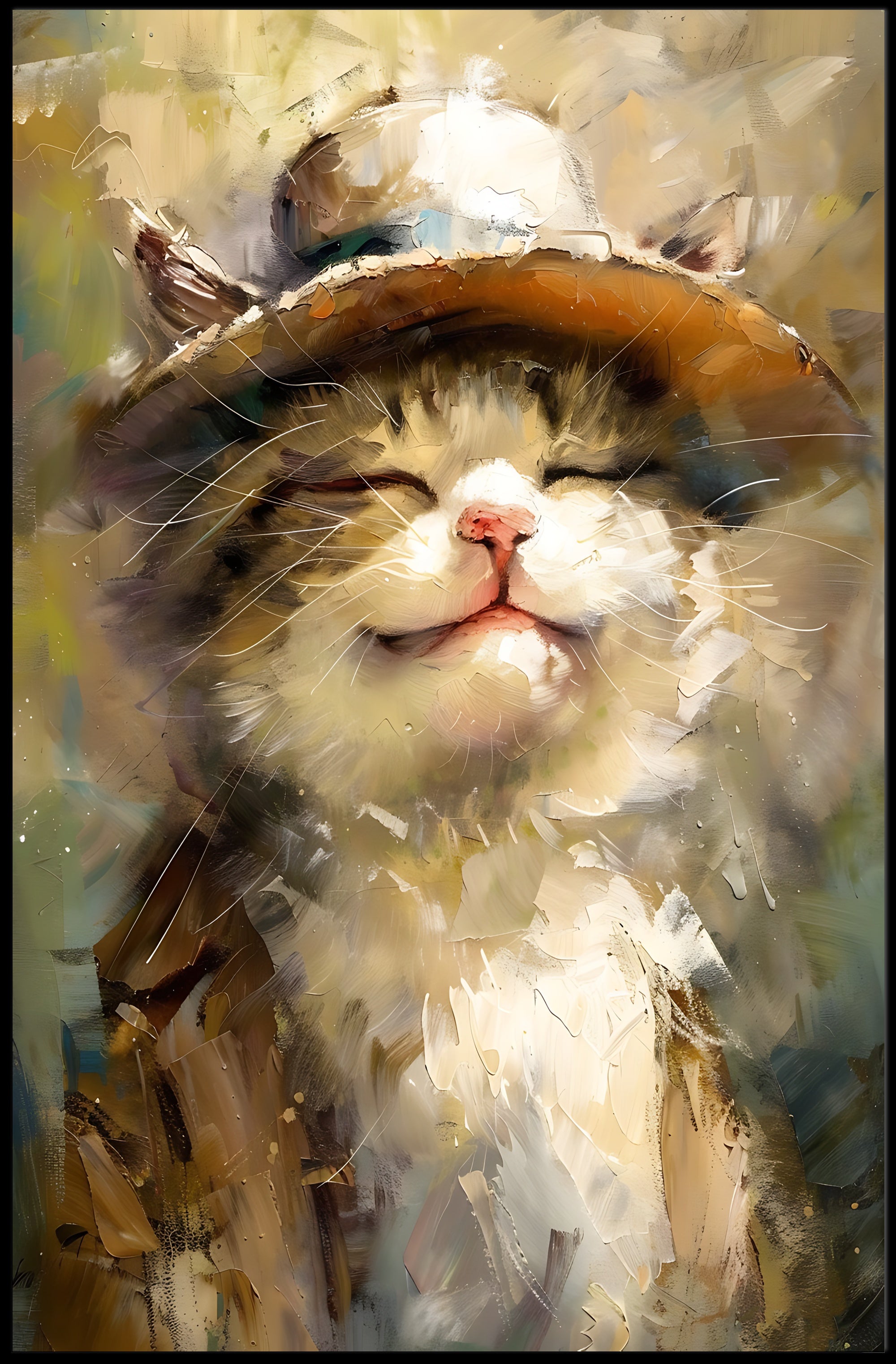 Joyful Cat in Hat Artistic Animal Poster PosterGoat