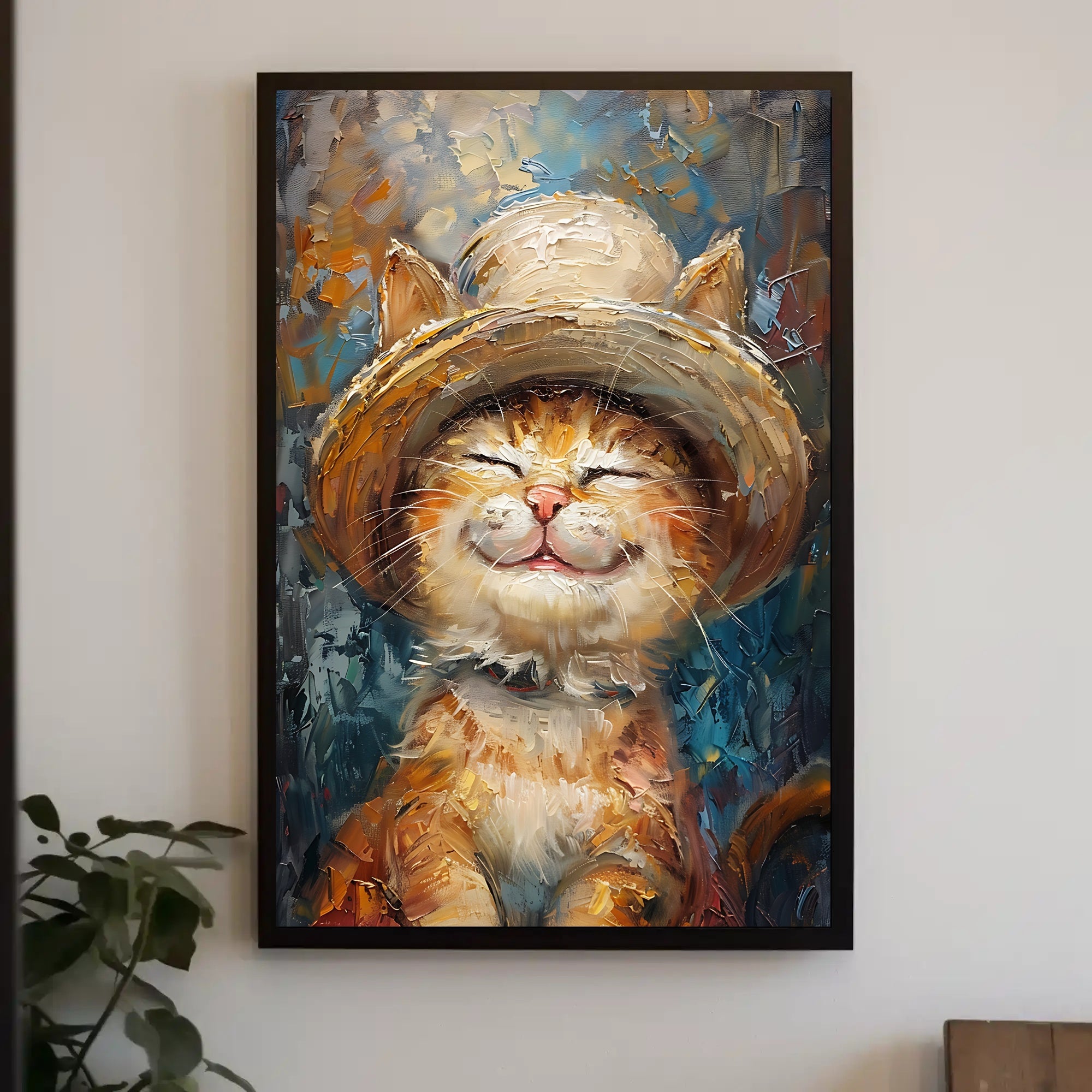 Joyful Cat in Hat: Whimsical Animal Poster PosterGoat