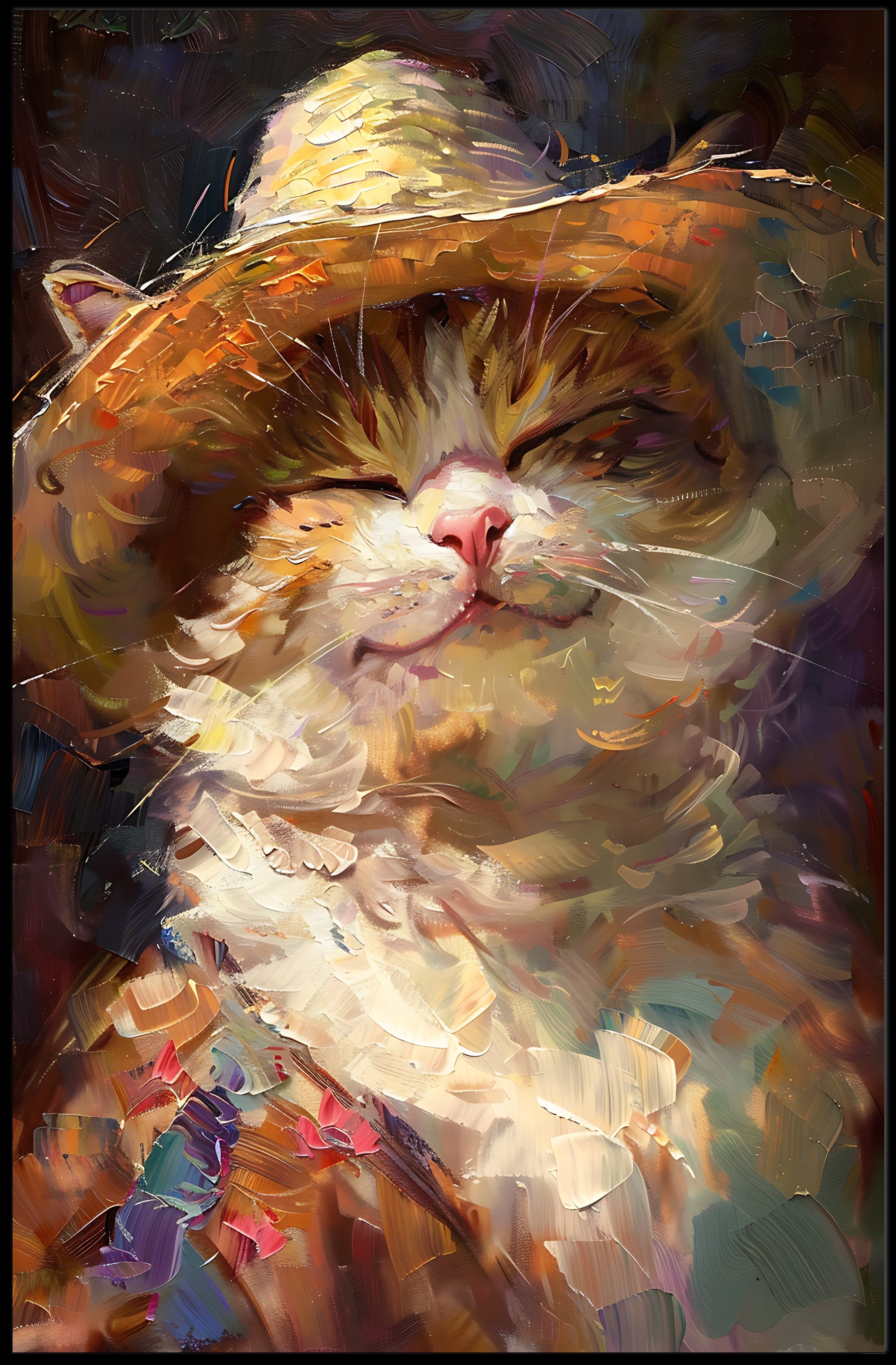 Joyful Cat in Straw Hat Animal Poster PosterGoat