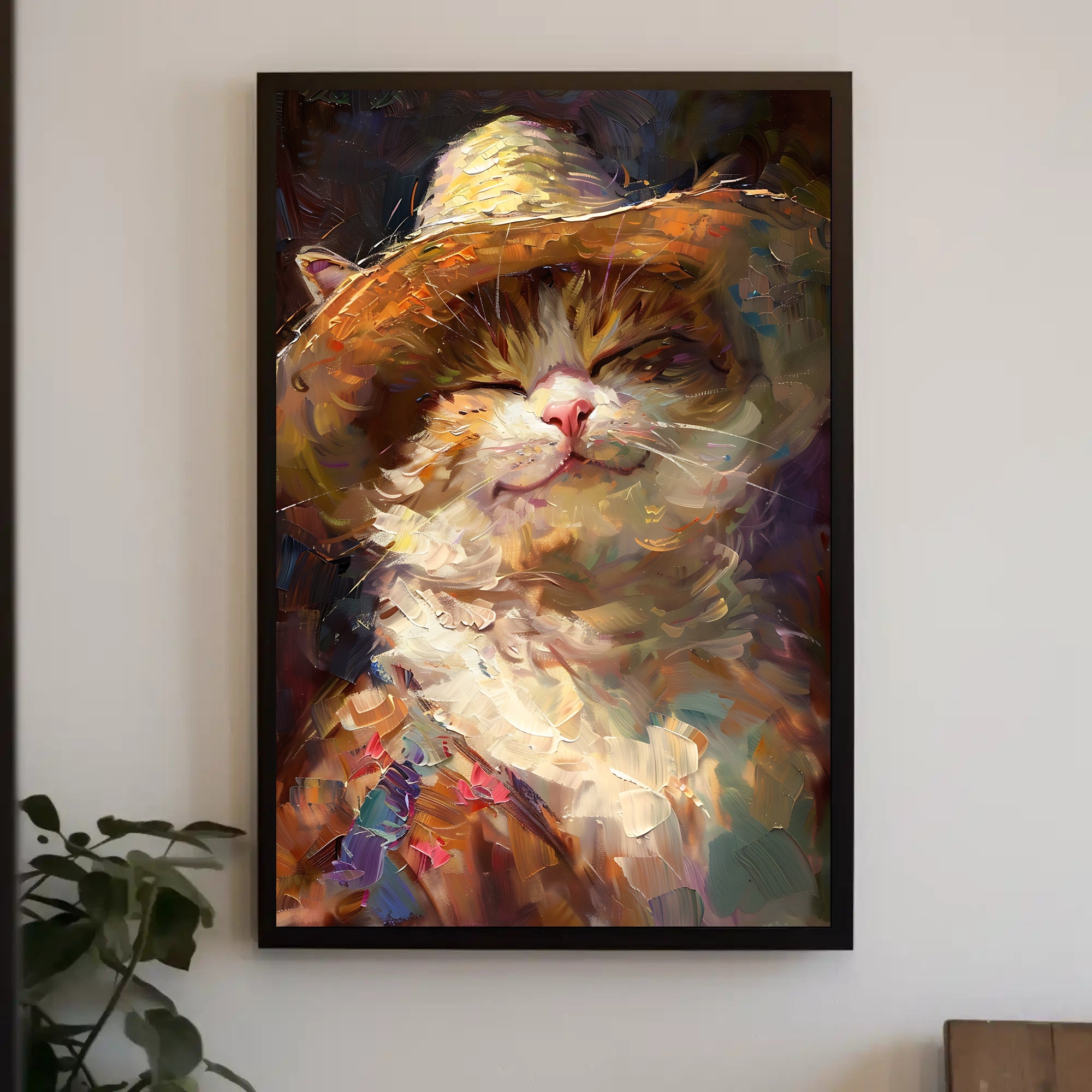 Joyful Cat in Straw Hat Animal Poster PosterGoat