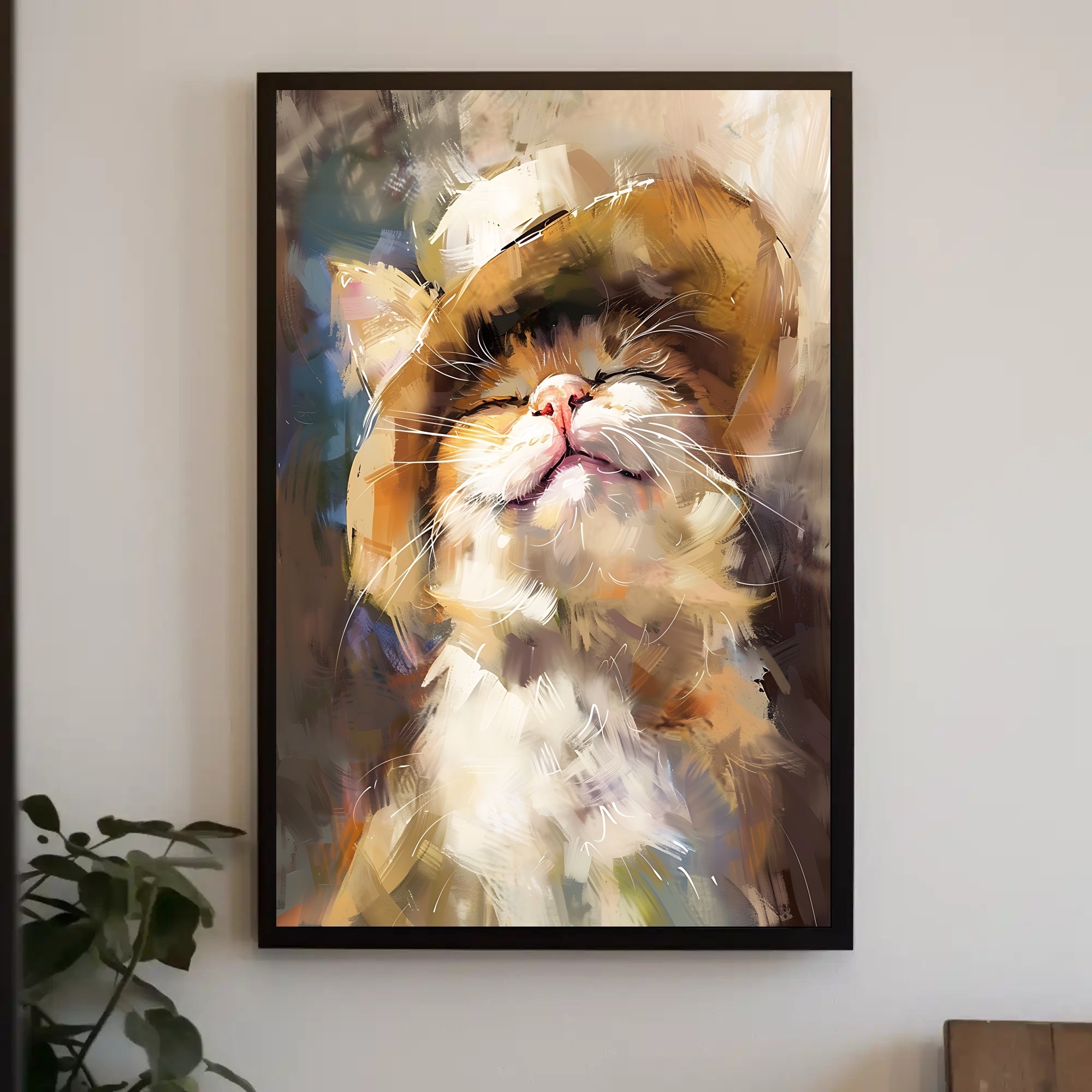 Joyful Cat in Straw Hat Artistic Animal Poster PosterGoat