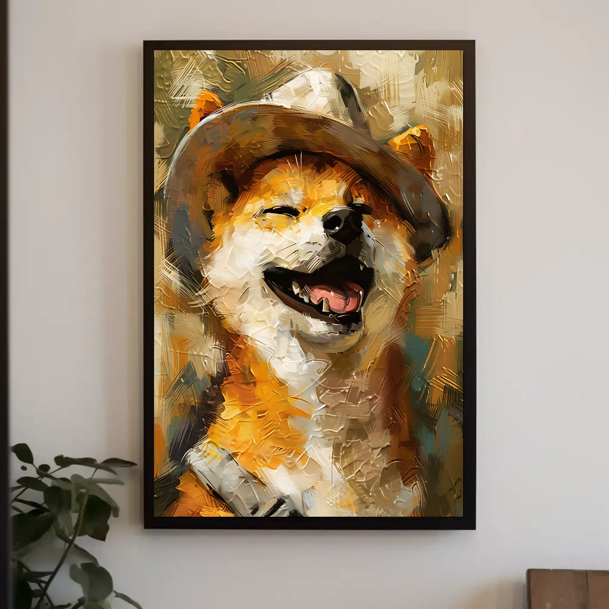 Joyful Dog in Hat Artistic Poster PosterGoat