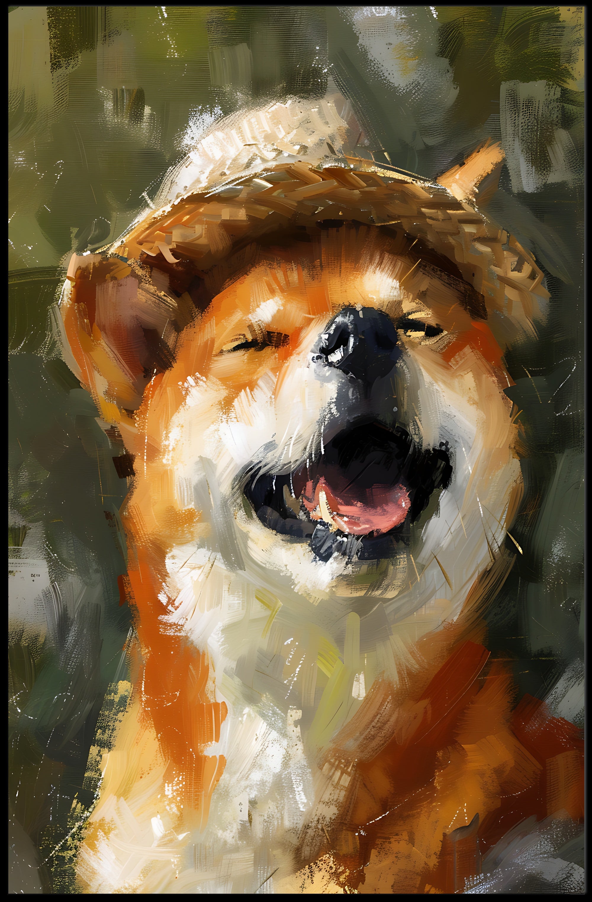 Joyful Dog in Straw Hat Impressionistic Animal Poster PosterGoat