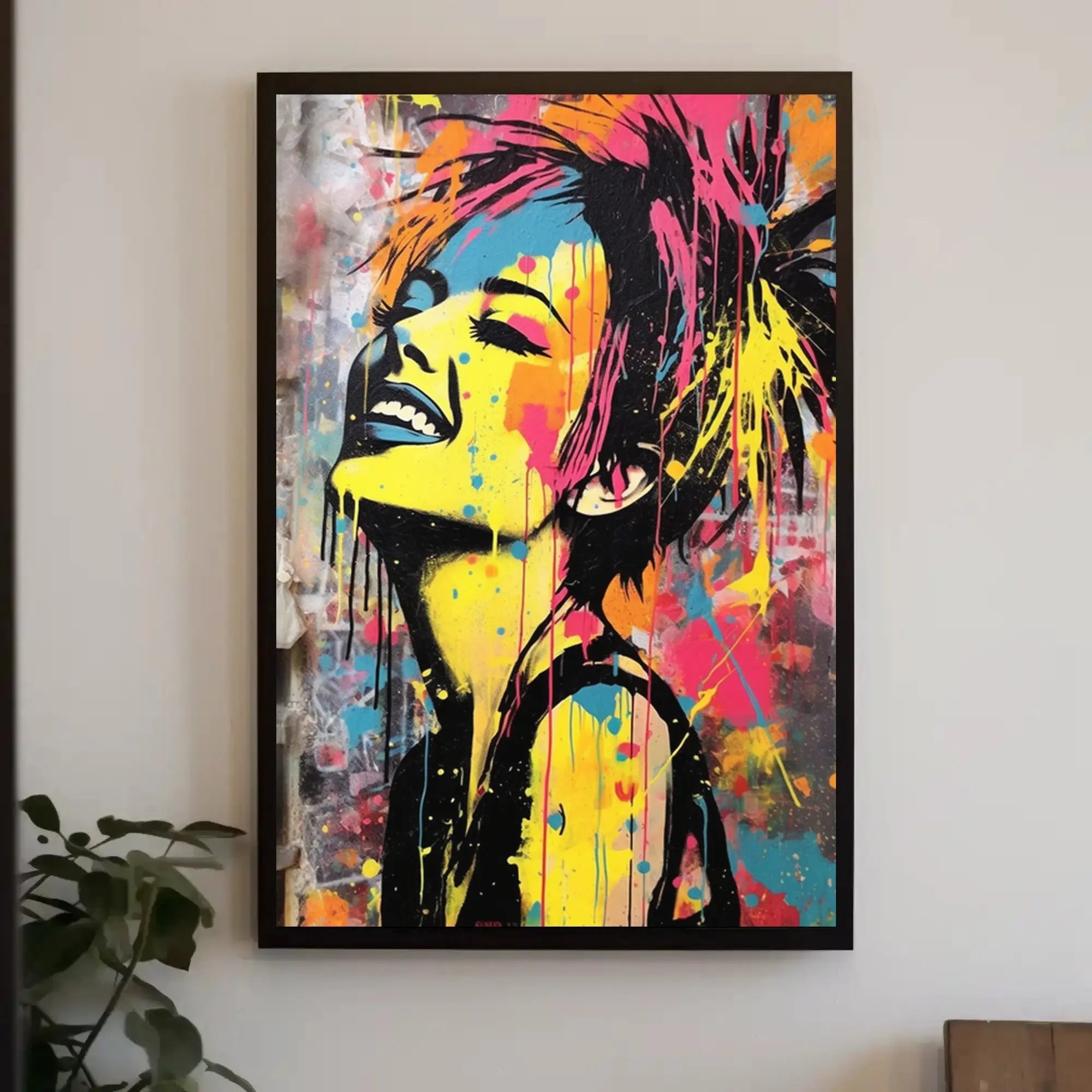 Joyful Graffiti Style Pop Art Woman Poster PosterGoat