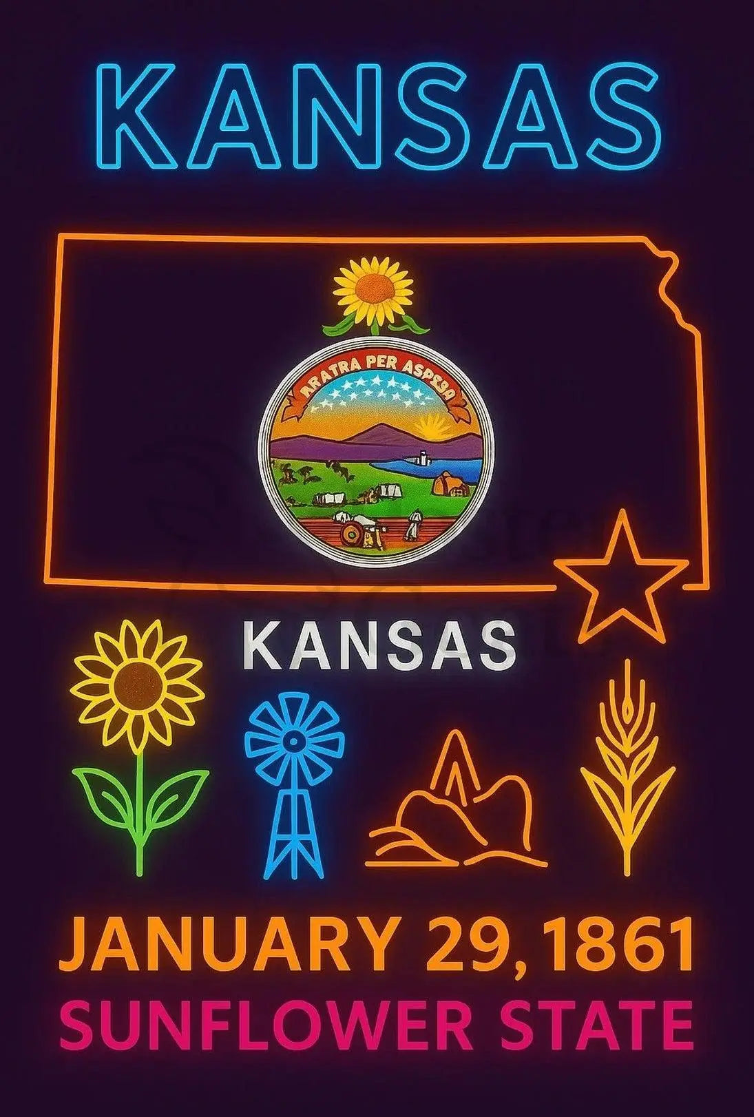 Kansas Sunflower State Celebration Neon Art Heritage Poster PosterGoat