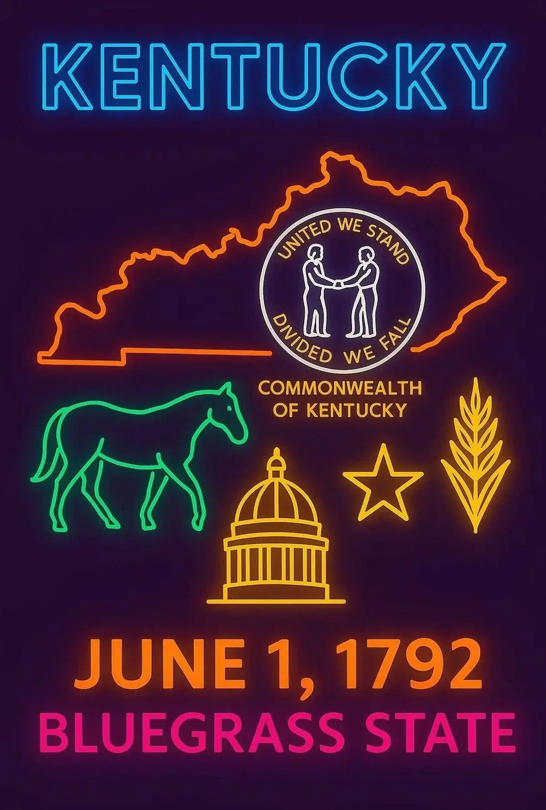 Kentucky Bluegrass State Neon Heritage Poster PosterGoat